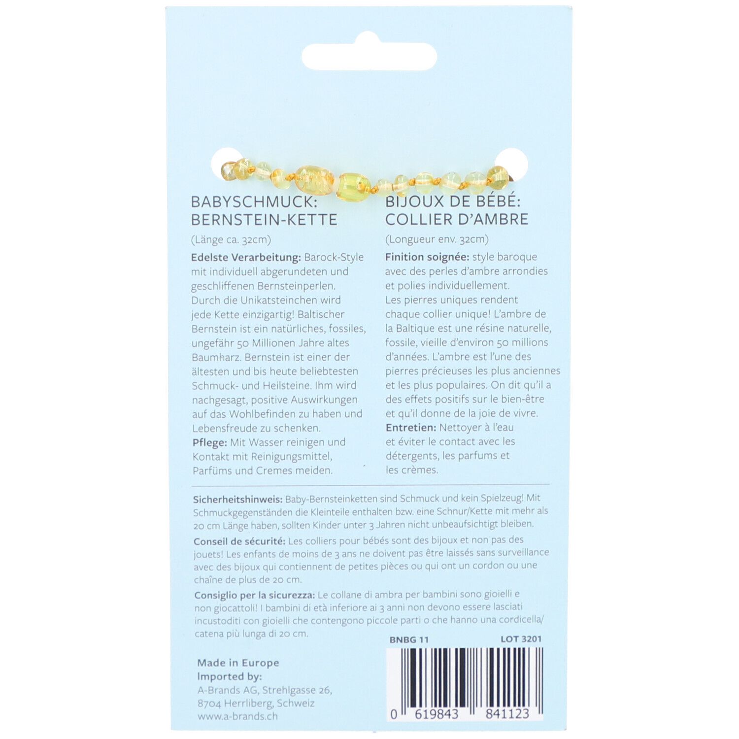 Dos de l'emballage du produit. Texte en allemand, français et italien. Code-barres en bas.