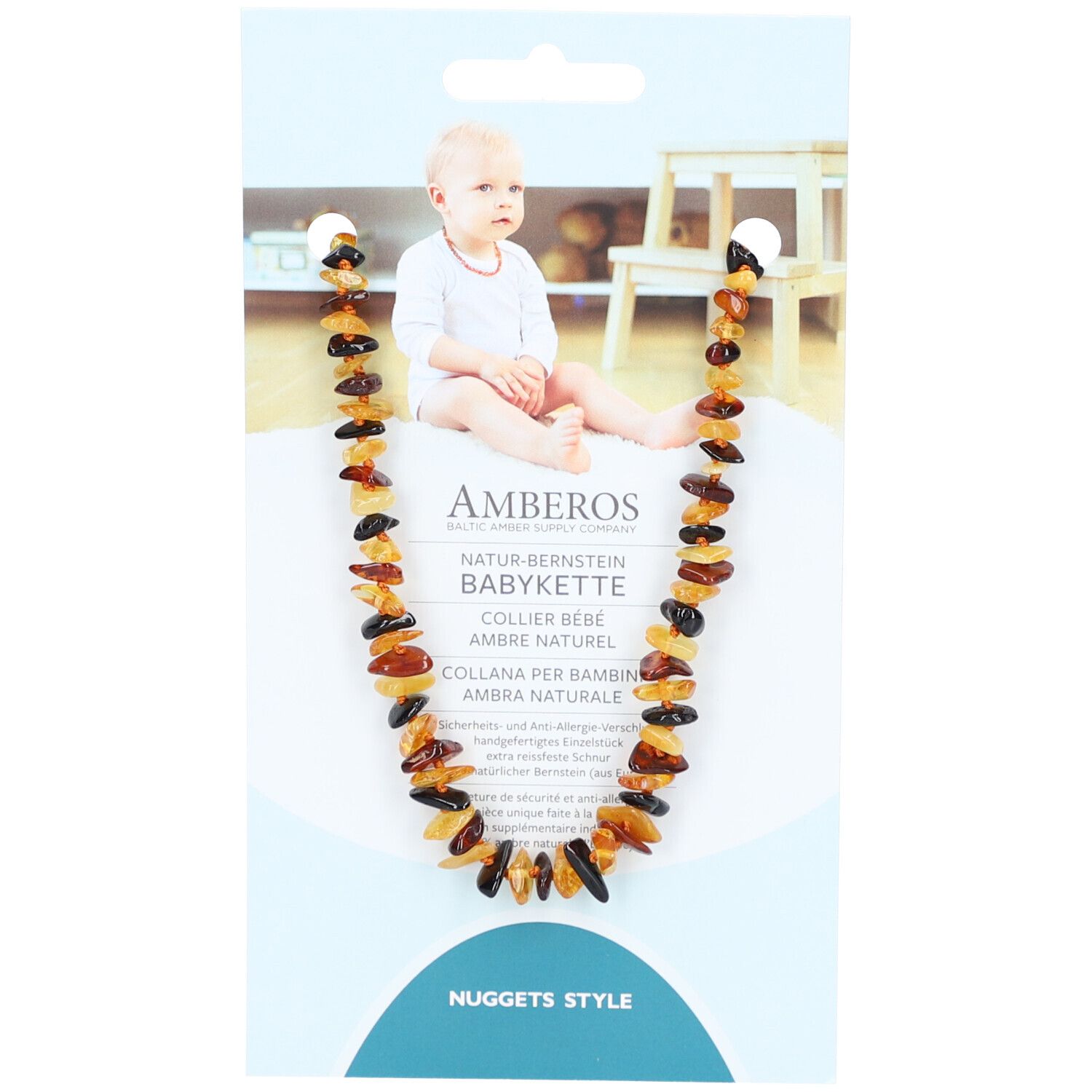 Collier de bébé en ambre, style nuggets. Ambre multicolore sur carte. Nom du produit et bébé en arrière-plan.
