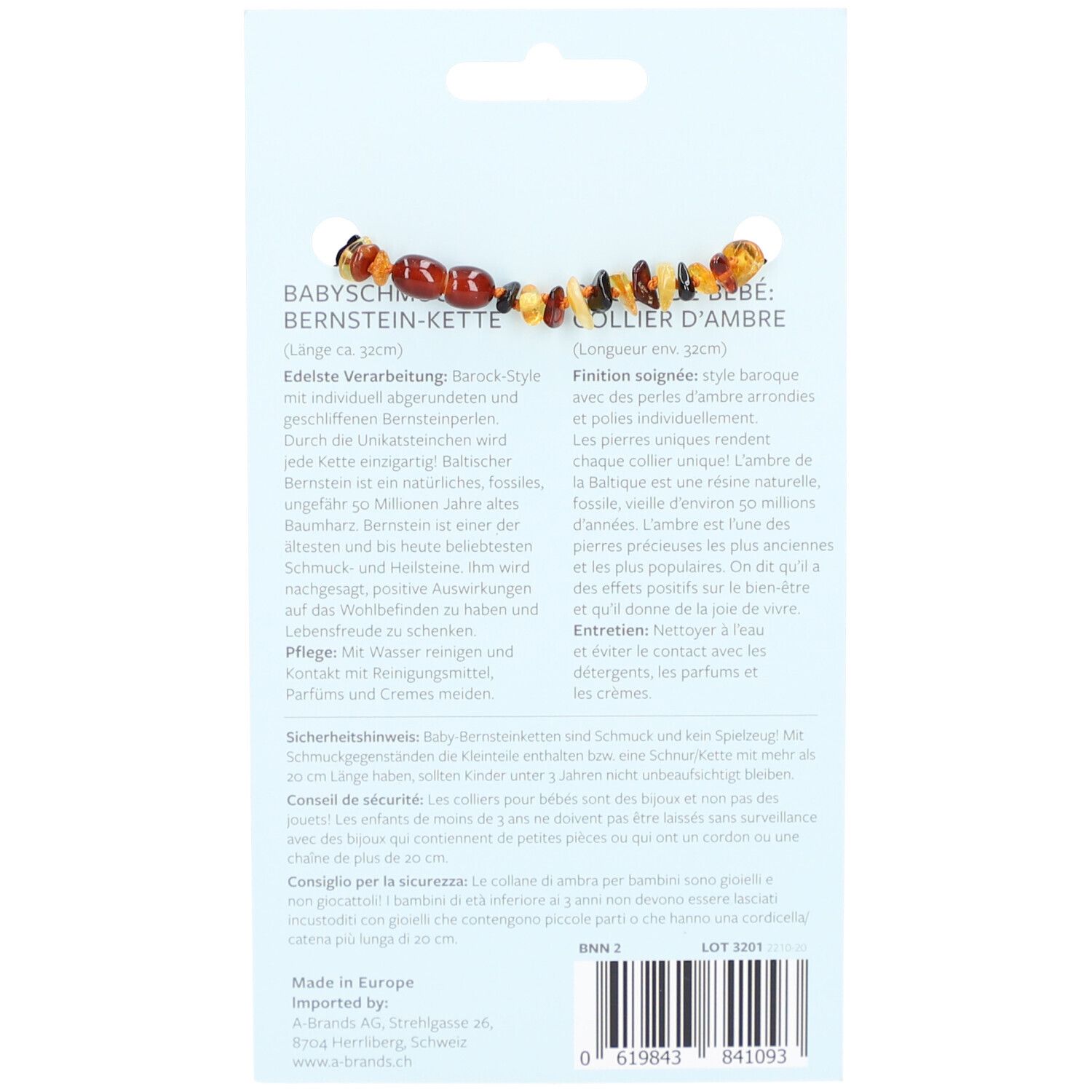 Dos du collier en ambre. Texte en allemand et français. Informations sur le produit et consignes de sécurité.