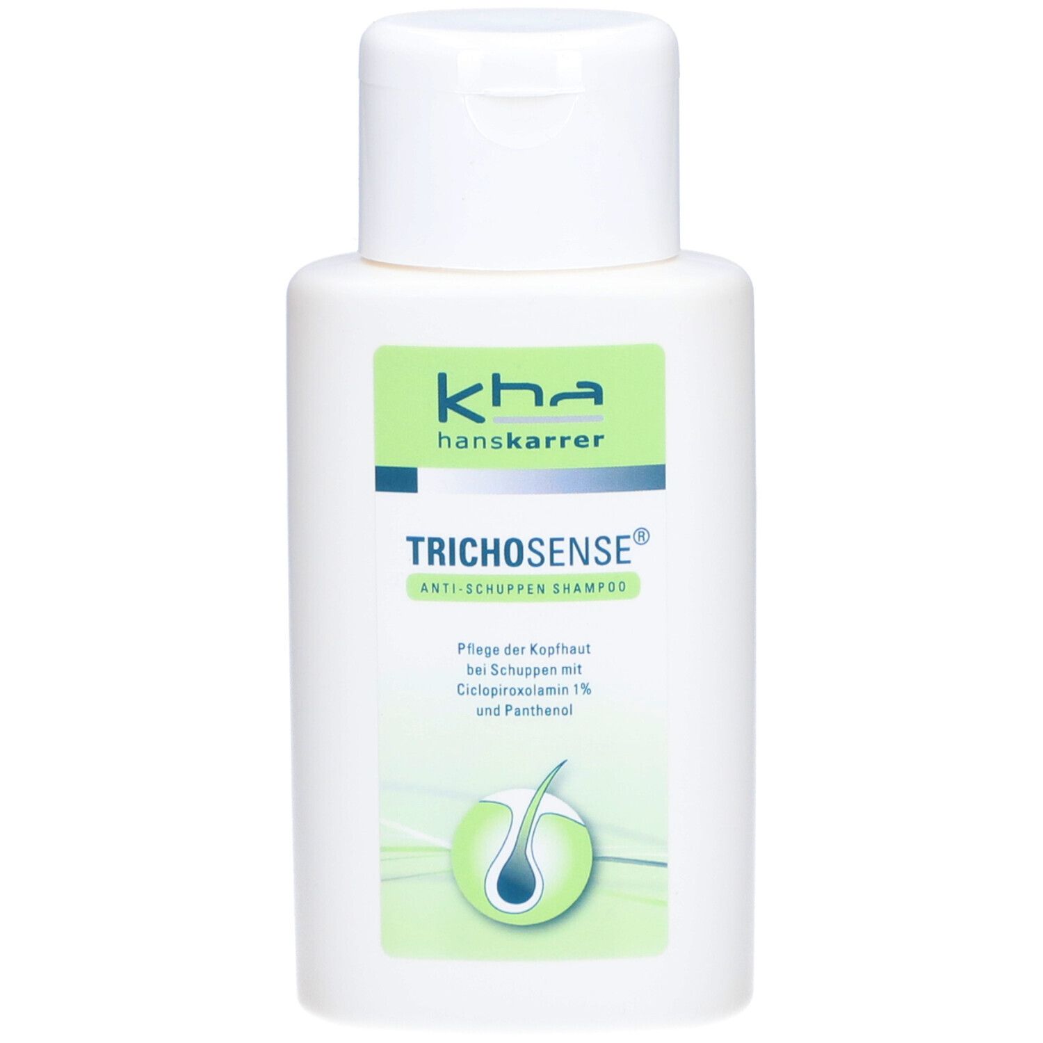 Weiße Flasche TRICHOSENSE Anti-Schuppen-Shampoo. Grünes Etikett mit Logo und Produktinformationen. Klappverschluss.