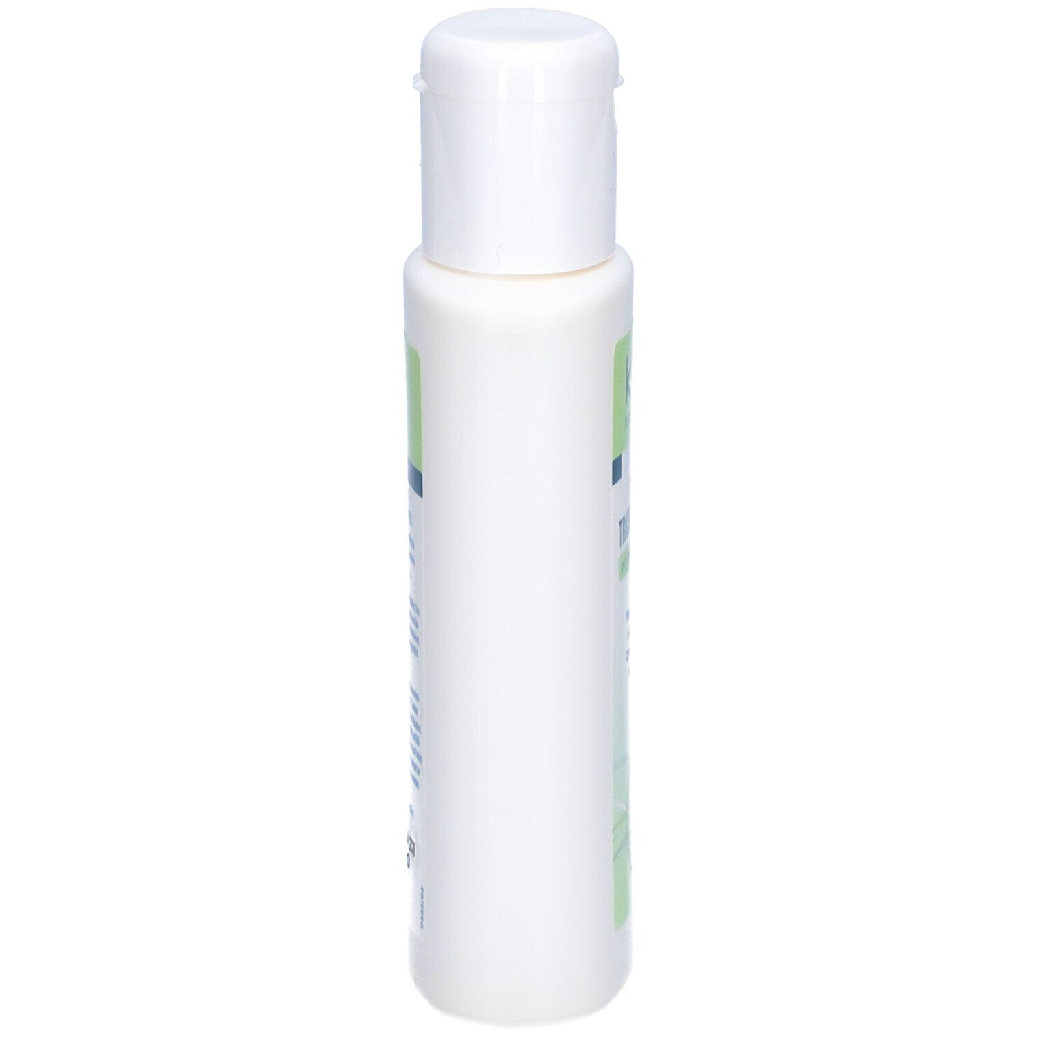 Weiße Flasche TRICHOSENSE Anti-Schuppen-Shampoo. Schlanke Form mit weißem Klappverschluss. Seitenansicht.