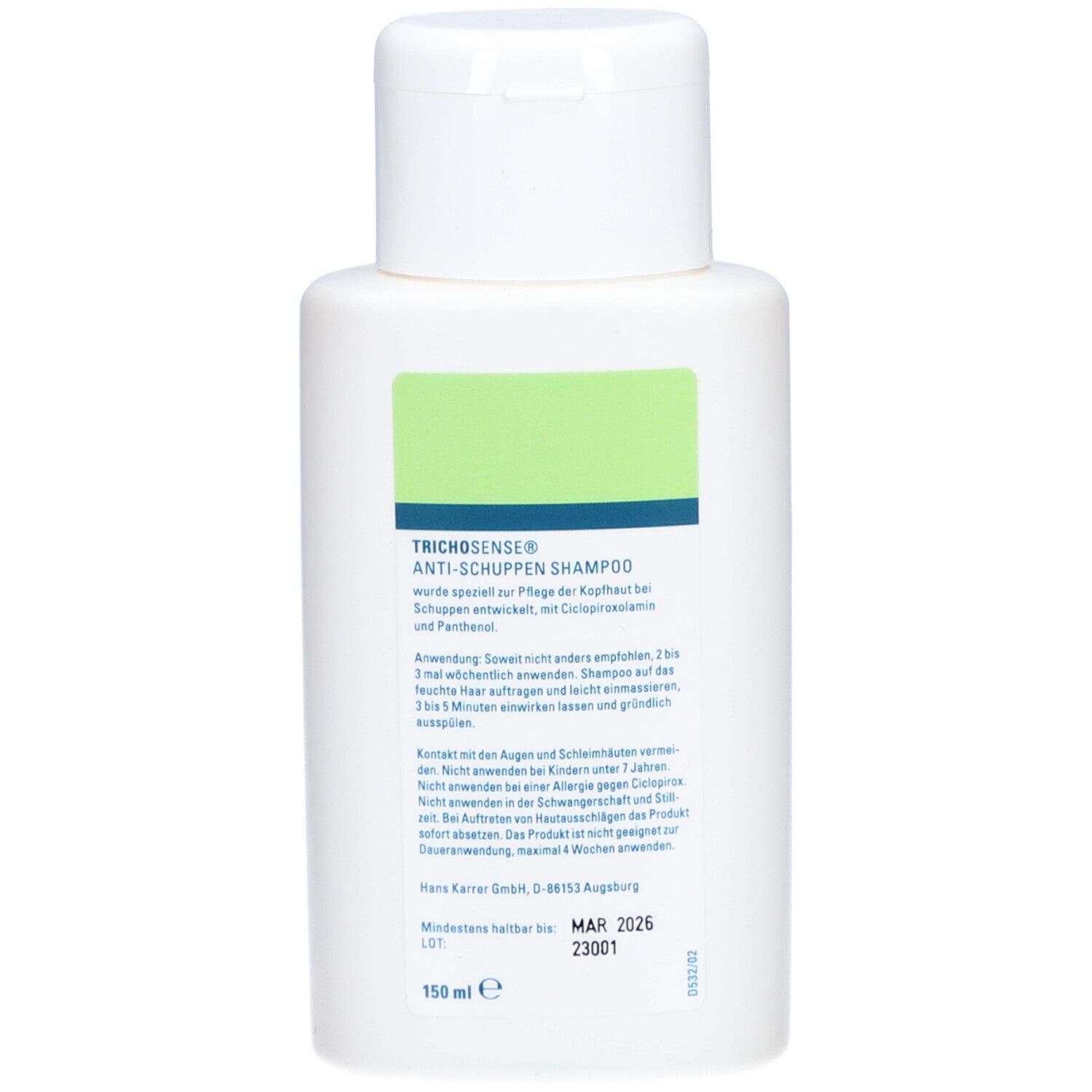Rückseite der weißen Flasche TRICHOSENSE Anti-Schuppen-Shampoo. Textinformationen auf grünem Etikett. Mindesthaltbarkeitsdatum.