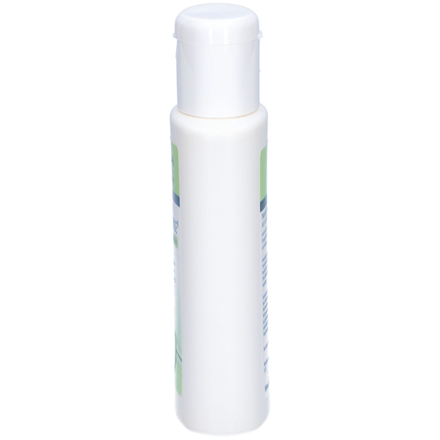 Weiße Flasche TRICHOSENSE Anti-Schuppen-Shampoo. Schlanke Form mit weißem Klappverschluss. Seitenansicht.