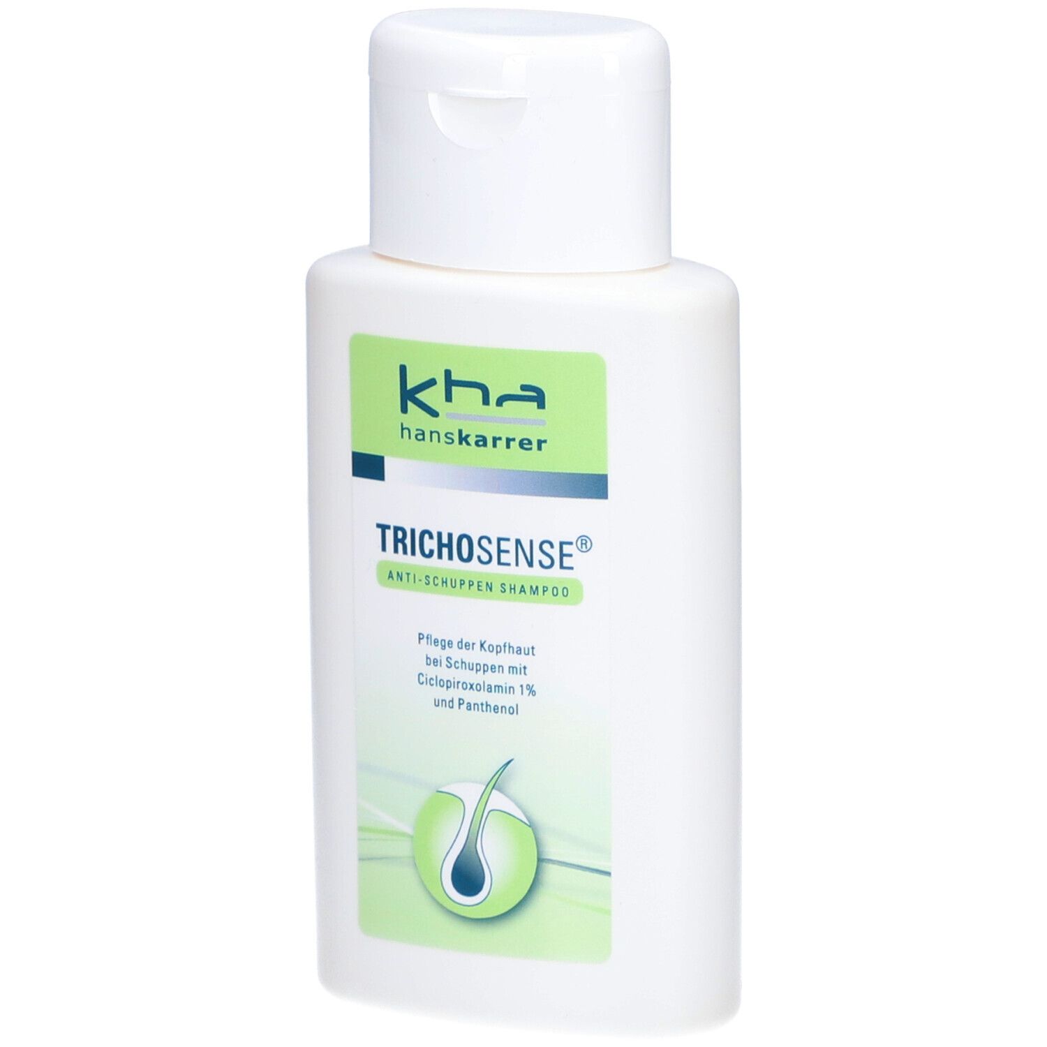 Weiße Flasche TRICHOSENSE Anti-Schuppen-Shampoo. Grünes Etikett mit Logo und Produktinformationen. Klappverschluss.