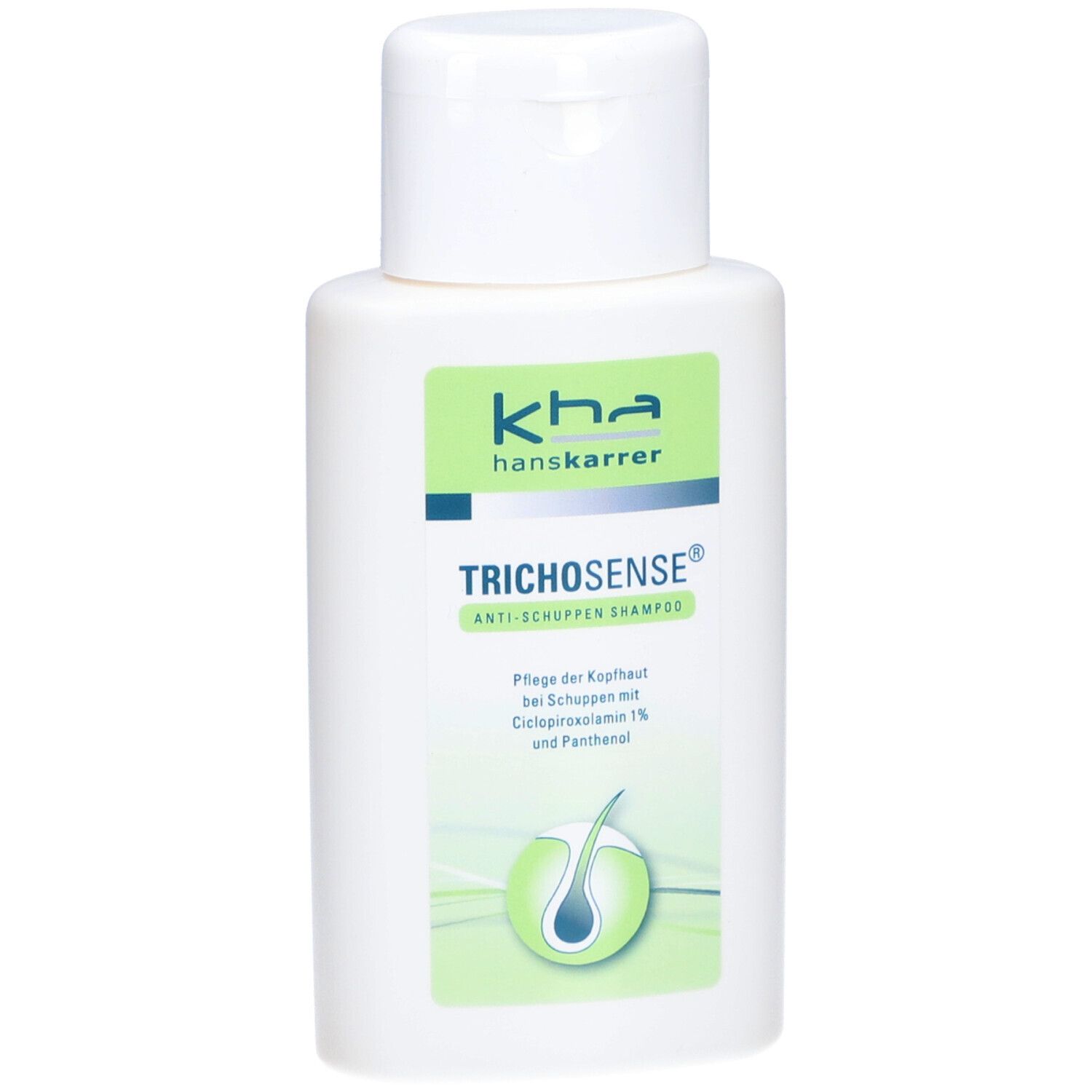 Weiße Flasche TRICHOSENSE Anti-Schuppen-Shampoo. Grünes Etikett mit Logo und Produktinformationen. Klappverschluss.
