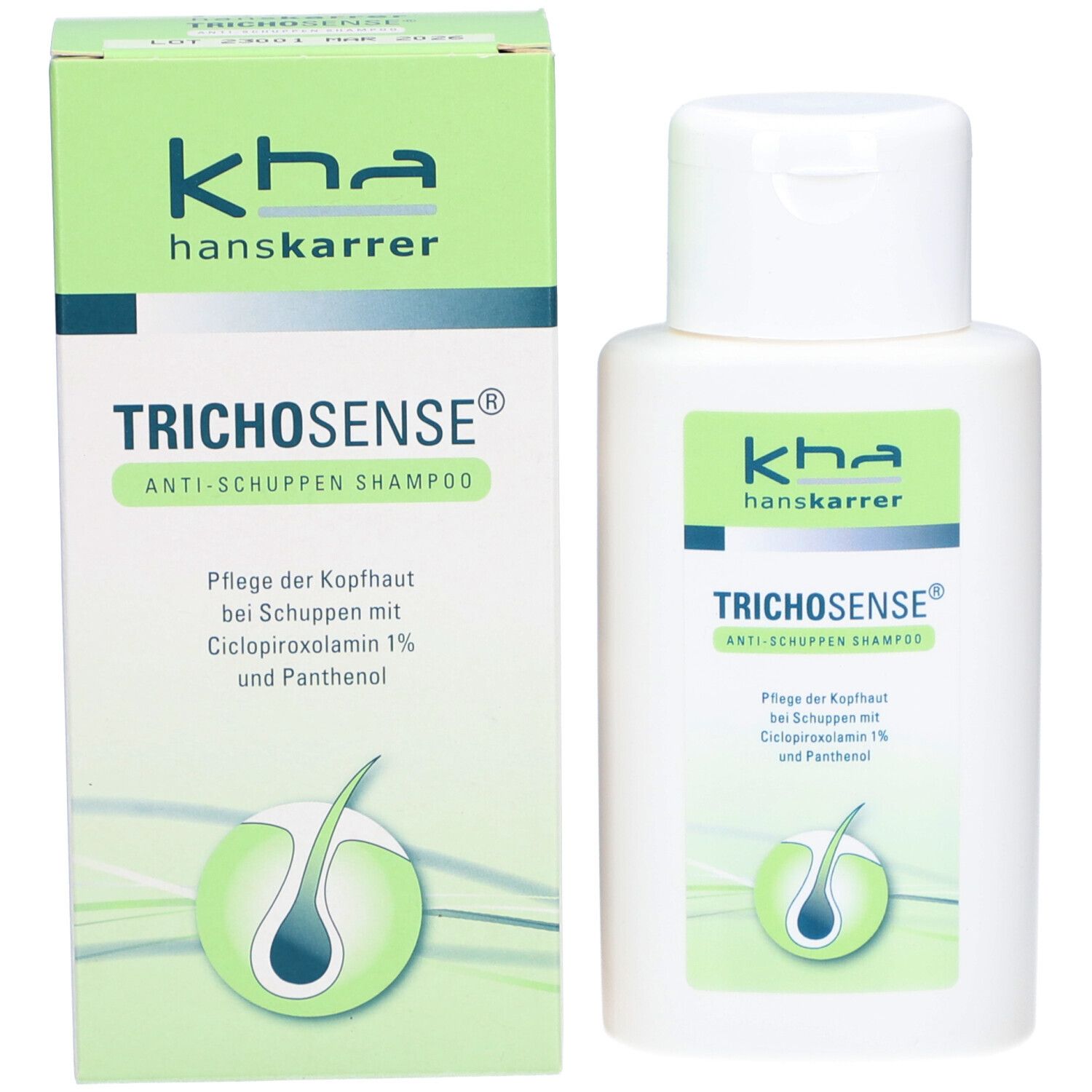 TRICHOSENSE Anti-Schuppen-Shampoo mit Verpackung. Weiße Flasche und grüne Verpackung. Produktinformationen.