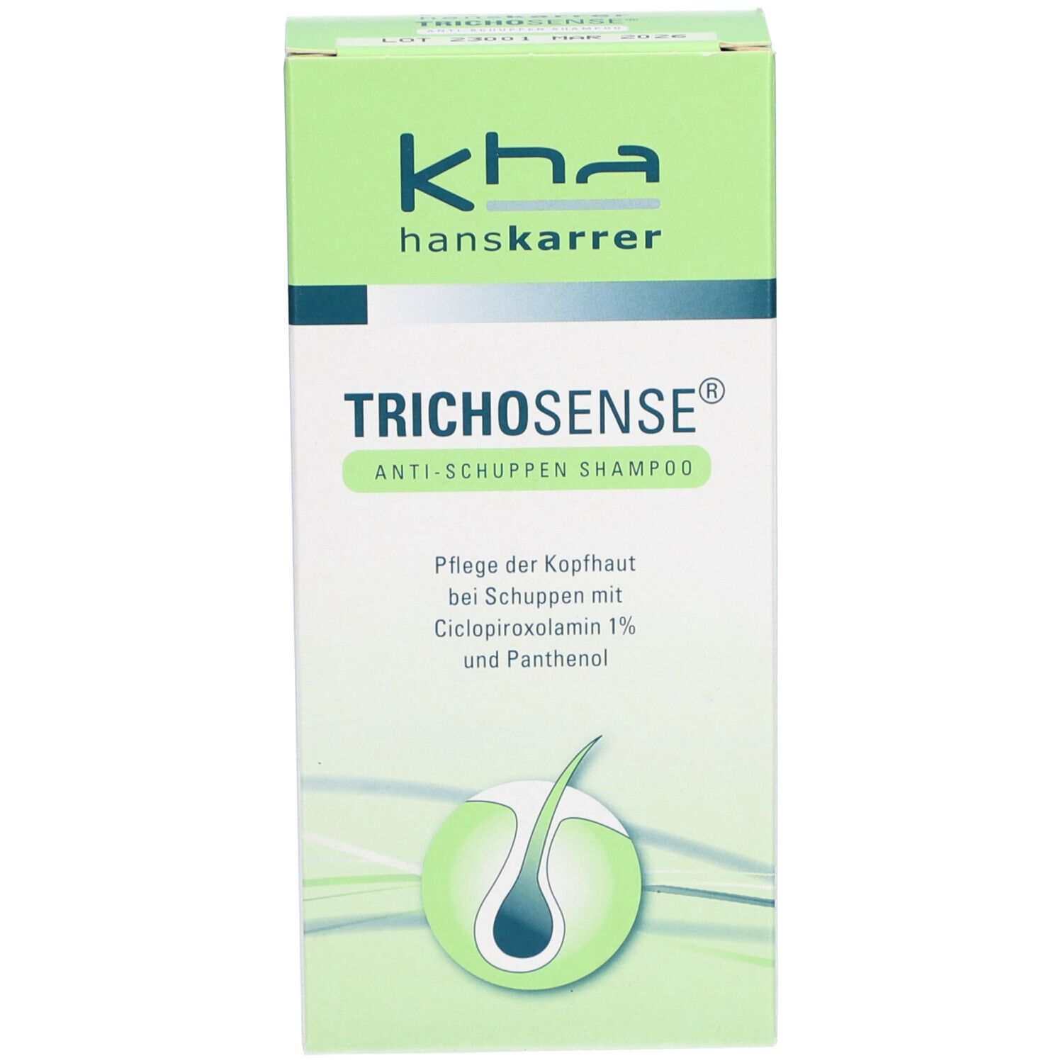 Grüne Verpackung von TRICHOSENSE Anti-Schuppen-Shampoo. Produktname und Informationen. Weißer Hintergrund.