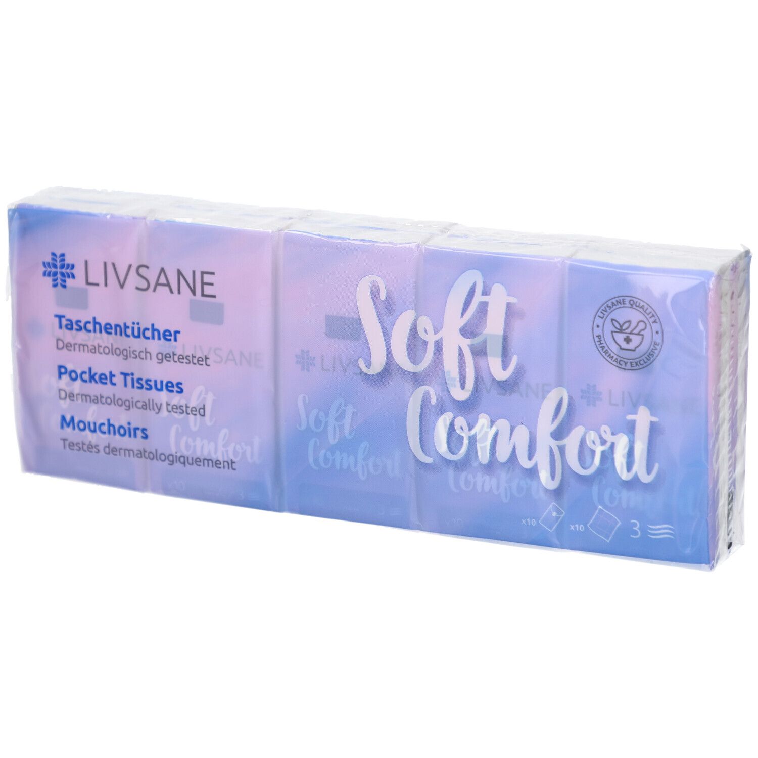 Verpackung von LIVSANE Taschentücher Soft Comfort. Mehrere Päckchen in Folie. Aufdruck: Soft Comfort, Taschentücher, dermatologisch getestet.