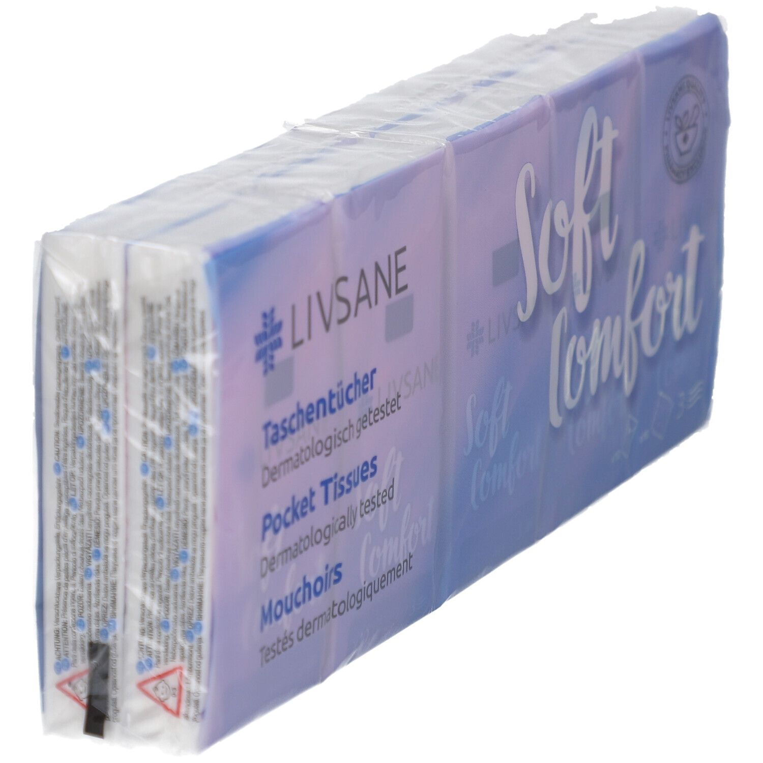 Verpackung von LIVSANE Taschentücher Soft Comfort. Mehrere Päckchen in Folie. Aufdruck: Soft Comfort, Taschentücher, dermatologisch getestet.