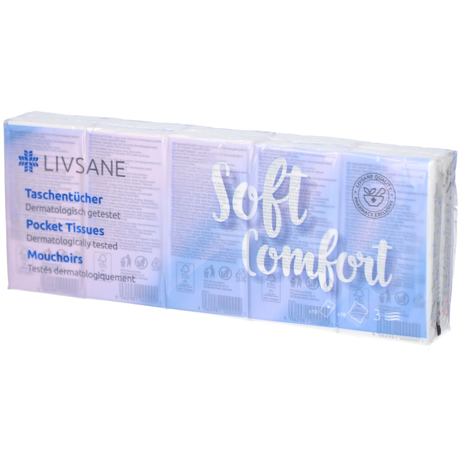Verpackung von LIVSANE Taschentücher Soft Comfort. Mehrere Päckchen in Folie. Aufdruck: Soft Comfort, Taschentücher, dermatologisch getestet.