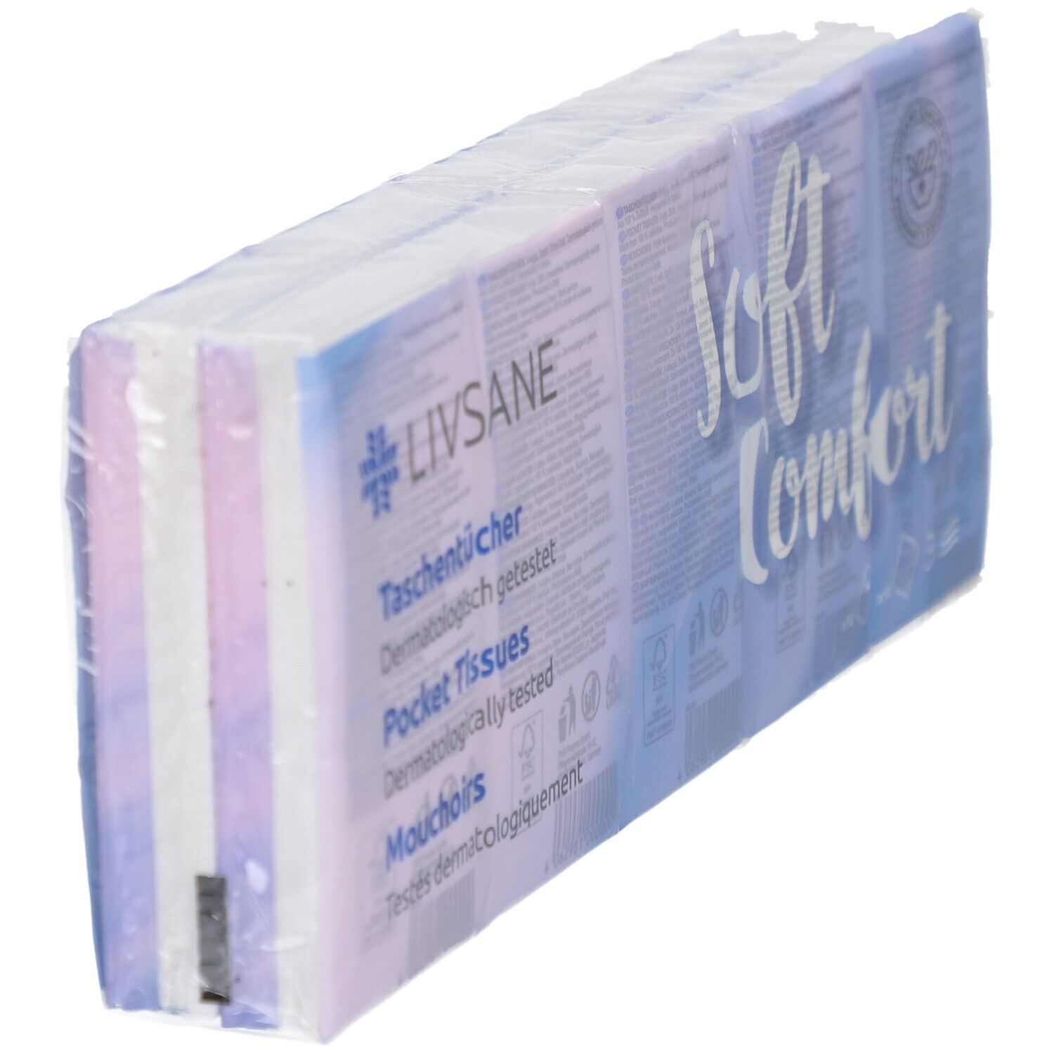 Verpackung von LIVSANE Taschentücher Soft Comfort. Mehrere Päckchen in Folie. Aufdruck: Soft Comfort, Taschentücher, dermatologisch getestet.