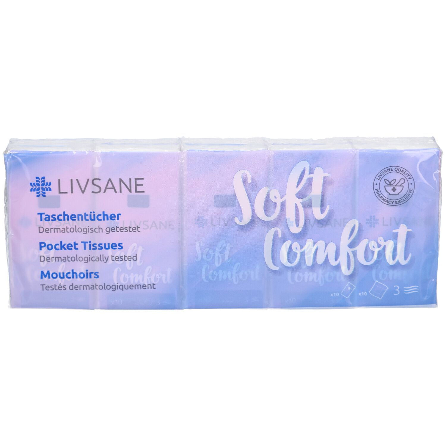 Verpackung von LIVSANE Taschentücher Soft Comfort. Mehrere Päckchen in Folie. Aufdruck: Soft Comfort, Taschentücher, dermatologisch getestet.