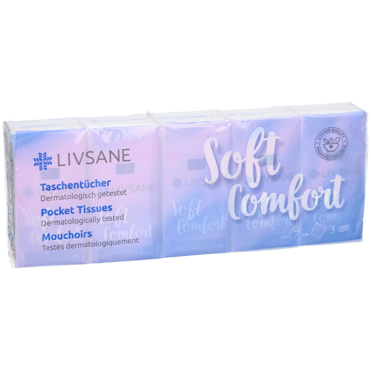 Verpackung von LIVSANE Taschentücher Soft Comfort. Mehrere Päckchen in Folie. Aufdruck: Soft Comfort, Taschentücher, dermatologisch getestet.