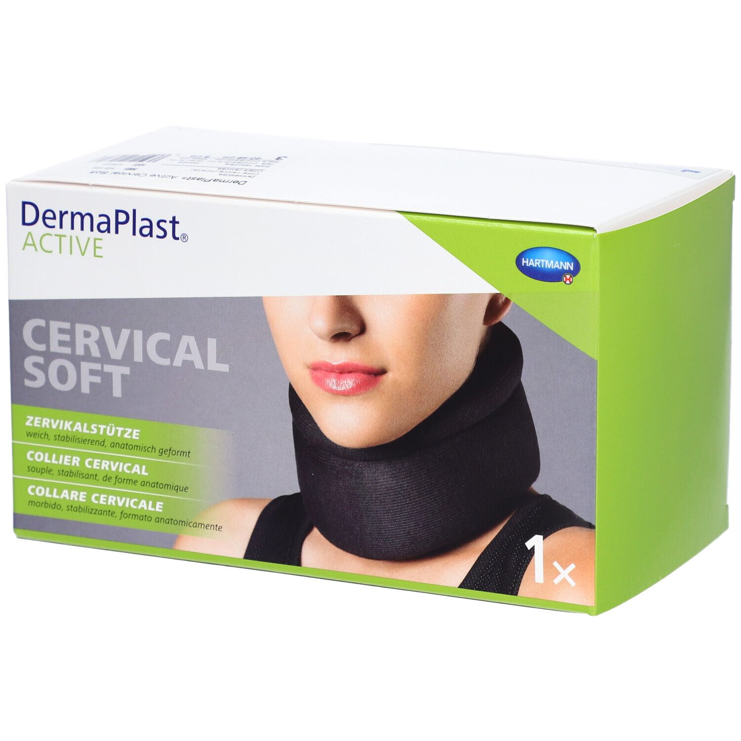 Verpackung mit Halskrause. Aufdruck: DermaPlast ACTIVE, CERVICAL SOFT, 1x. Abbildung einer Person mit Halskrause.
