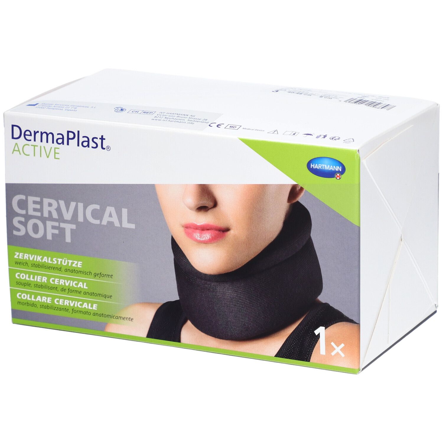 Verpackung mit Halskrause. Aufdruck: DermaPlast ACTIVE, CERVICAL SOFT, 1x. Abbildung einer Person mit Halskrause.