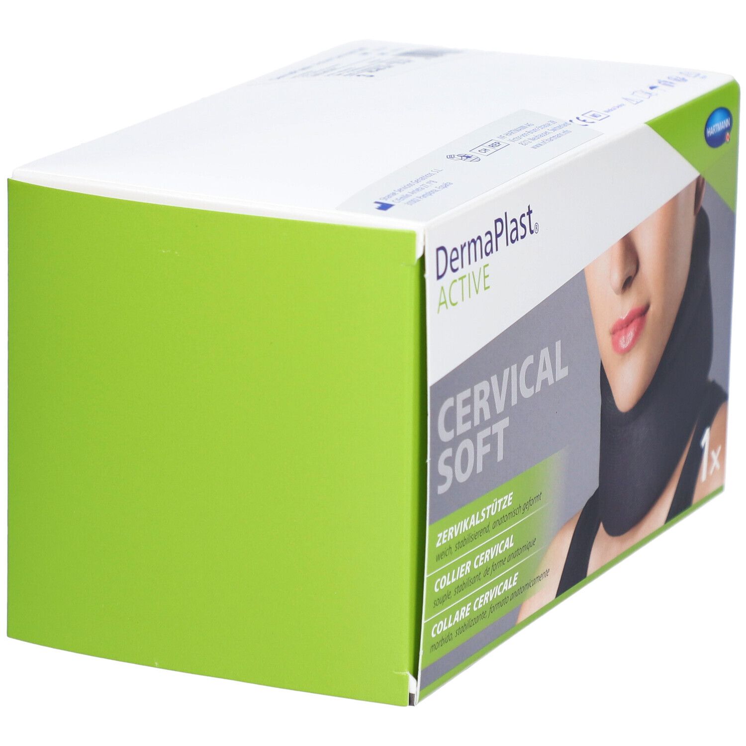 Verpackung mit Halskrause. Aufdruck: DermaPlast ACTIVE, CERVICAL SOFT, 1x. Seitenansicht der Verpackung.