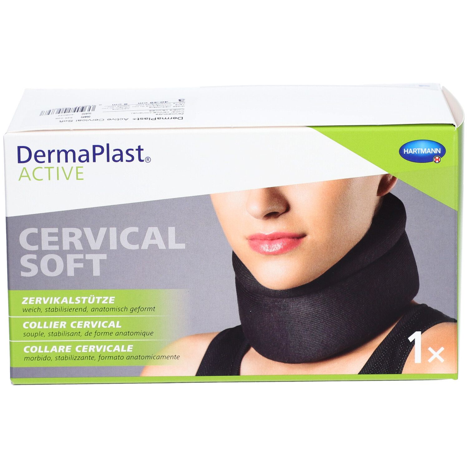 Verpackung mit Halskrause. Aufdruck: DermaPlast ACTIVE, CERVICAL SOFT, 1x. Abbildung einer Person mit Halskrause.