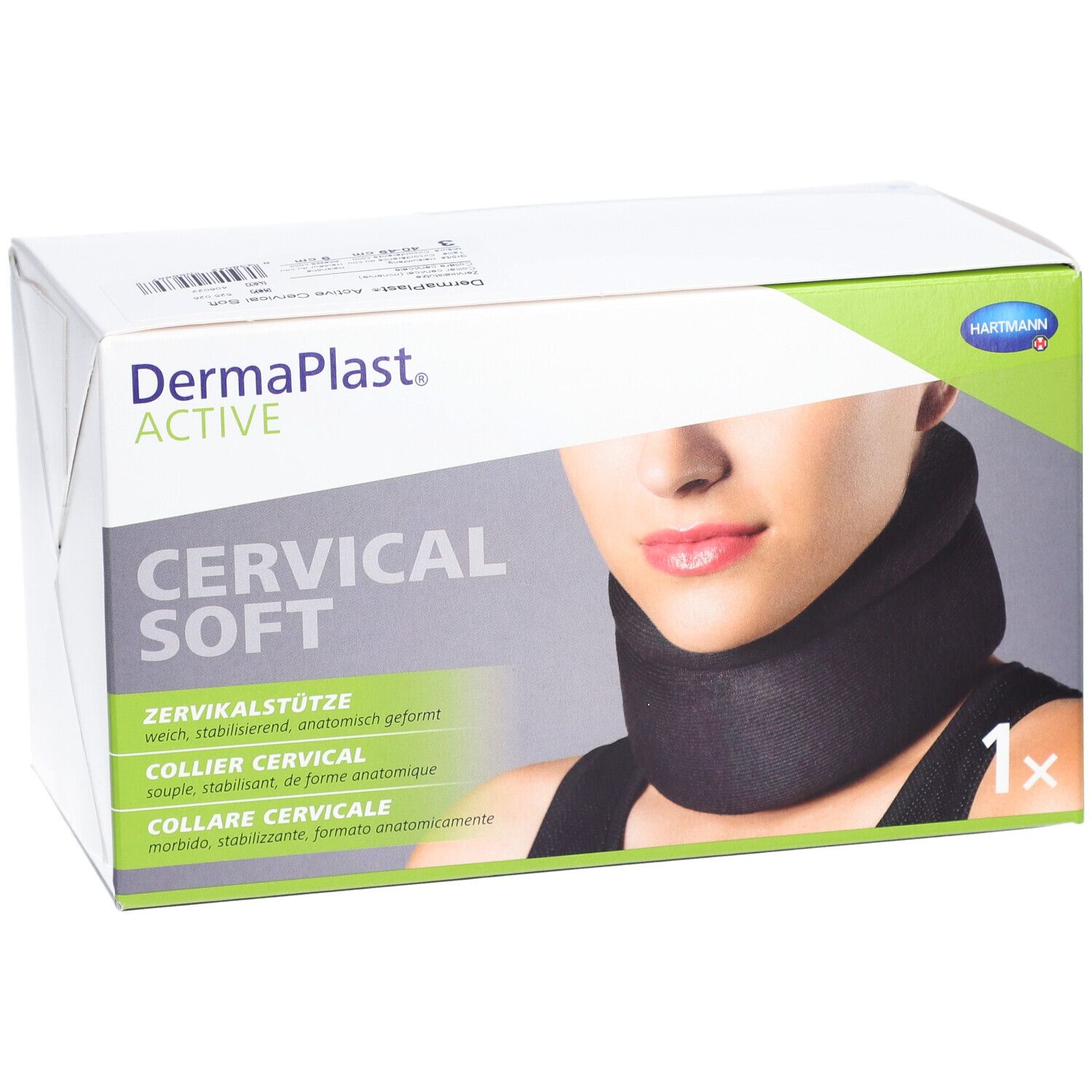 Verpackung mit Halskrause. Aufdruck: DermaPlast ACTIVE, CERVICAL SOFT, 1x. Abbildung einer Person mit Halskrause.