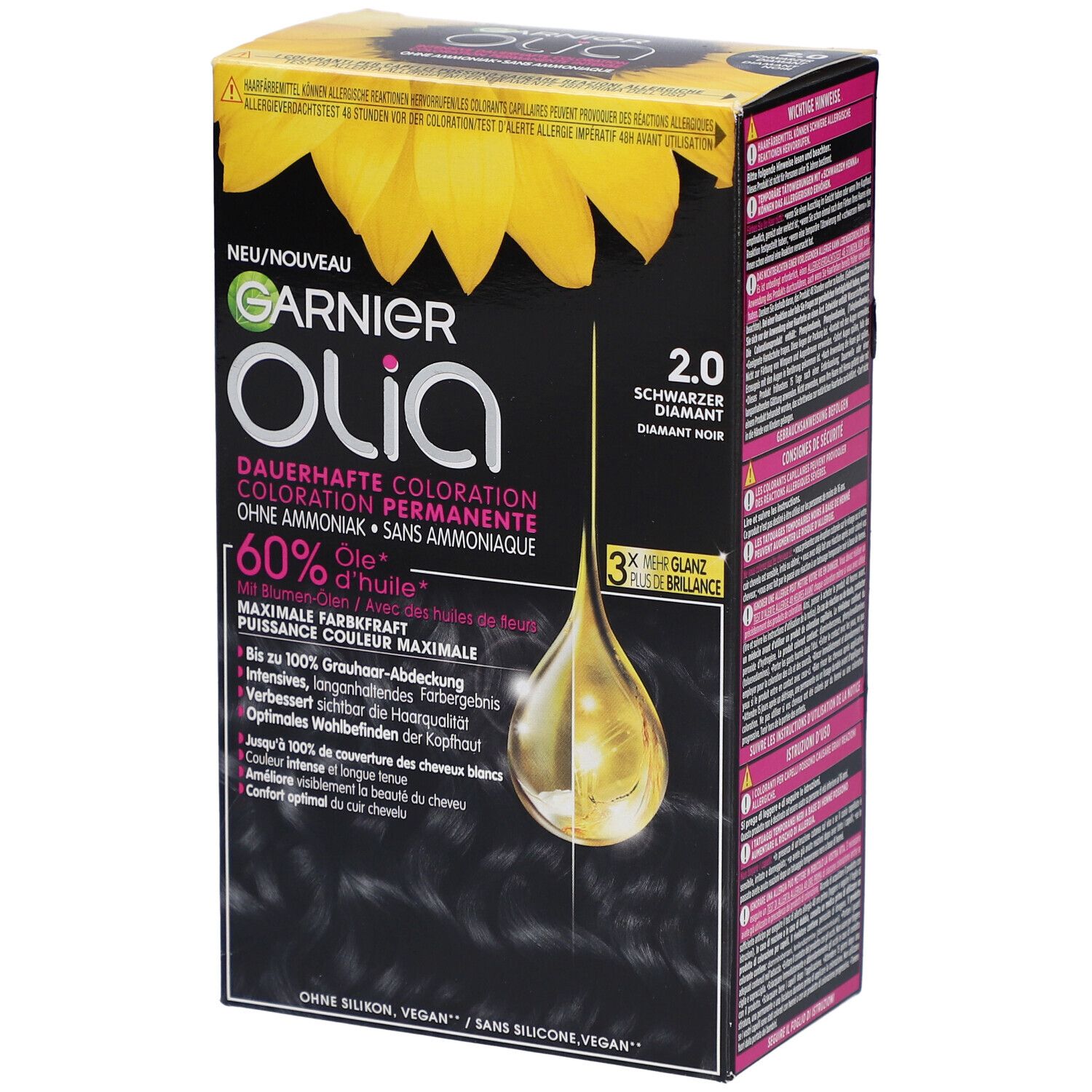 Garnier Olia coloration permanente 2.0 Diamant Noir. Boîte noire avec informations produit et motif tournesol.