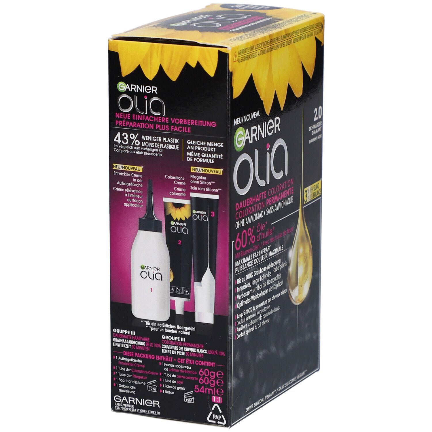 Garnier Olia coloration 2.0 Diamant Noir. Contenu: flacon, applicateur, crème. Design tournesol.