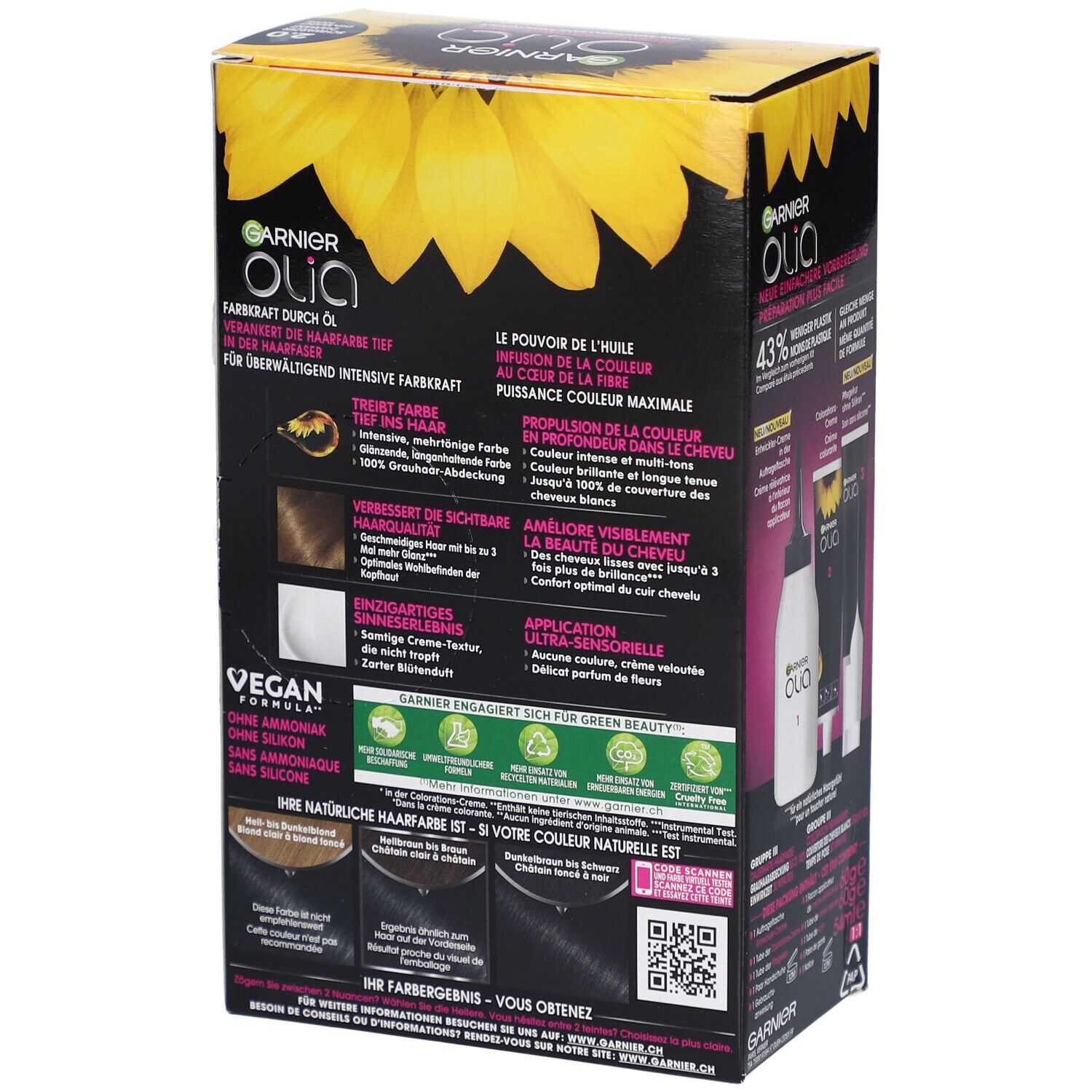 Dos de la boîte de coloration Garnier Olia. Informations produit, ingrédients, détails d'utilisation et aspects durables.