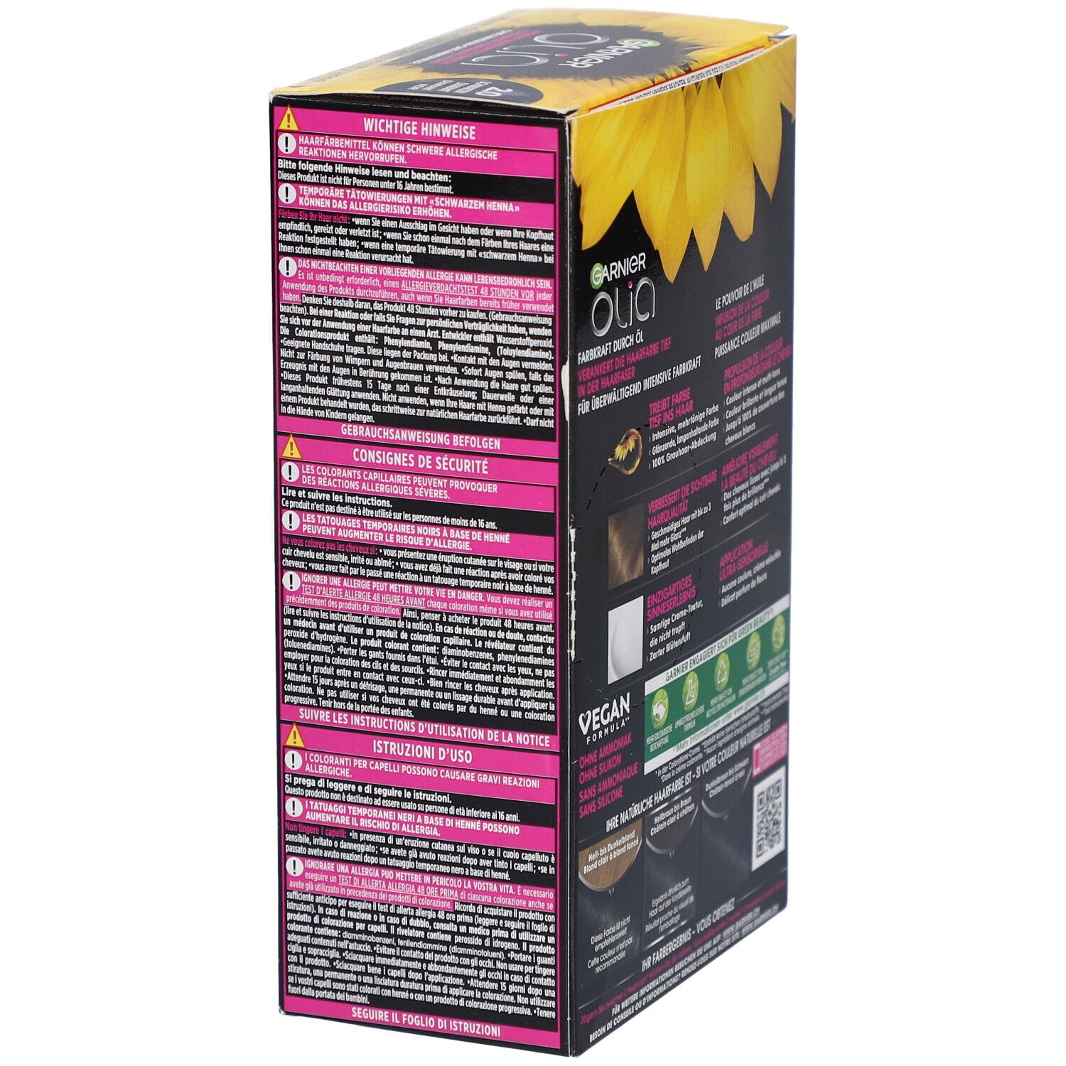 Boîte de coloration Garnier Olia, vue latérale. Informations produit, instructions et consignes de sécurité.