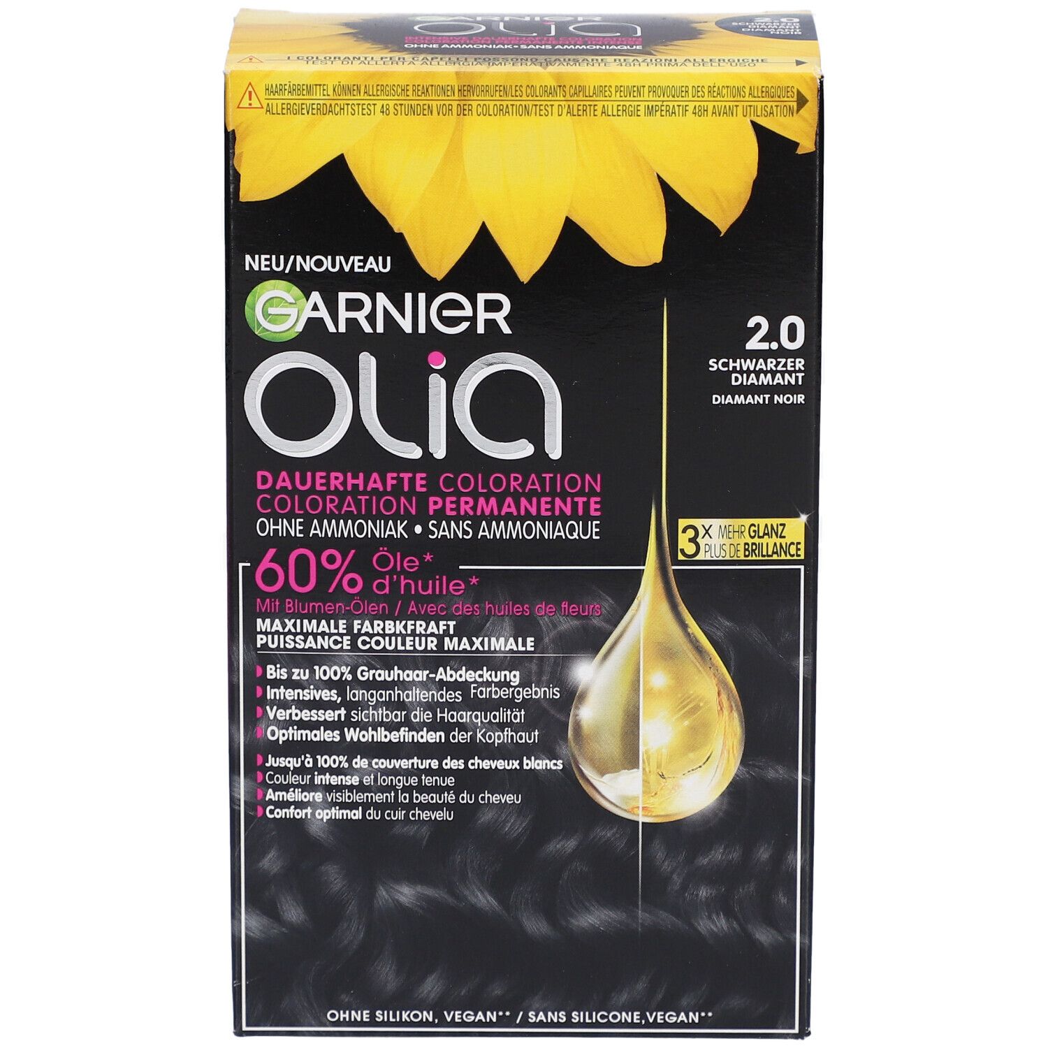 Garnier Olia coloration permanente 2.0 Diamant Noir. Boîte noire avec informations produit et motif tournesol.