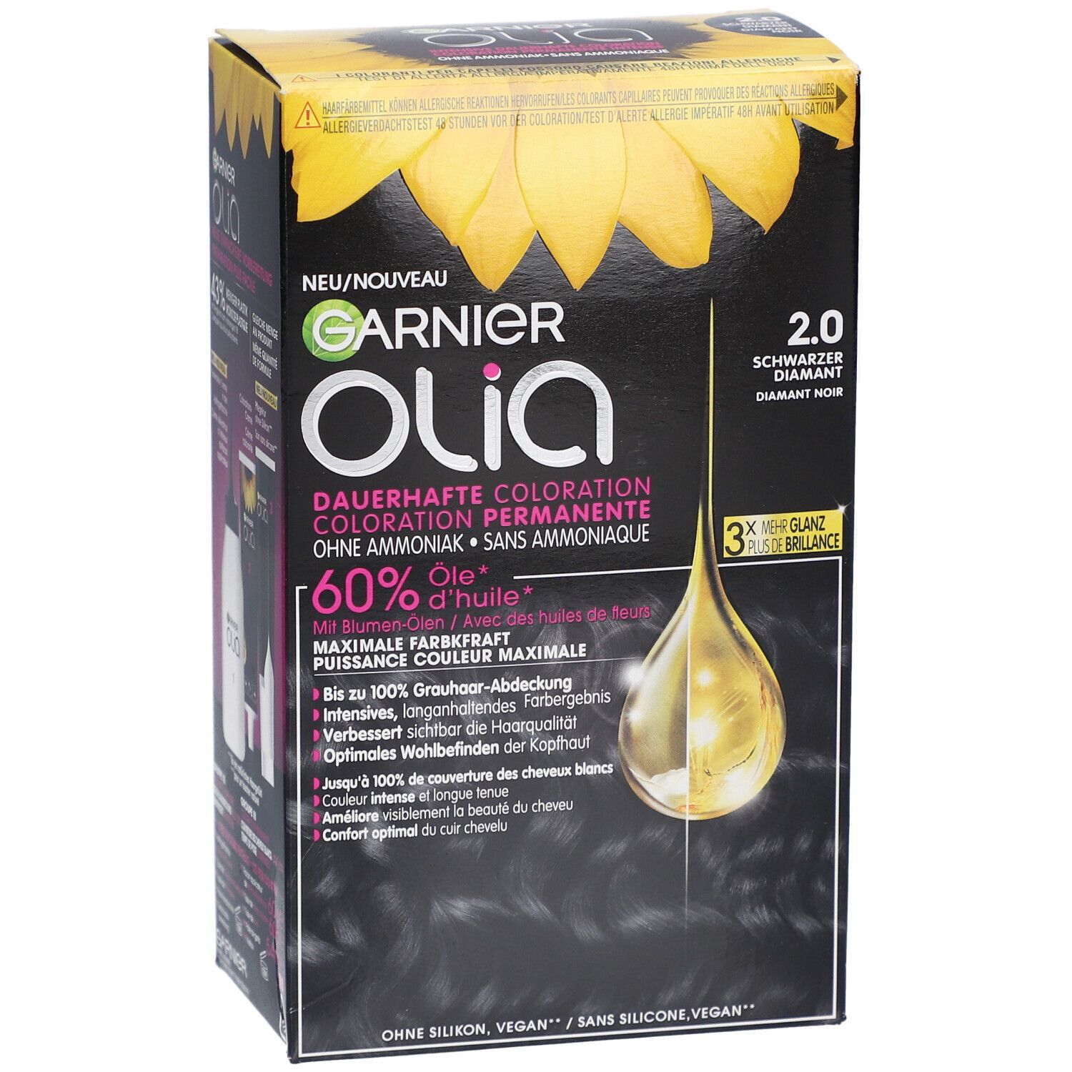 Garnier Olia coloration permanente 2.0 Diamant Noir. Boîte noire avec informations produit et motif tournesol.