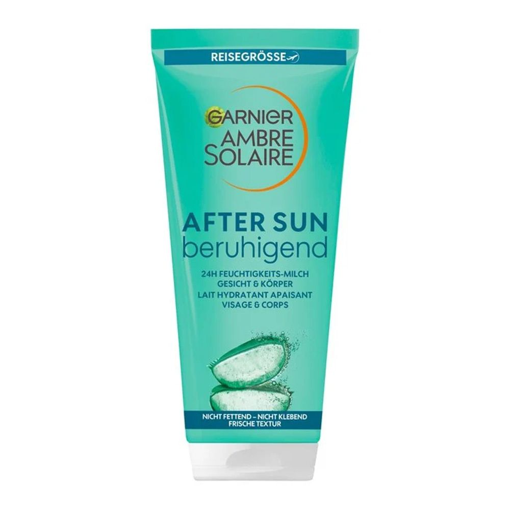 Türkisfarbene Tube mit Garnier Ambre Solaire Logo und "AFTER SUN beruhigend" Schriftzug. Enthält Aloe Vera Abbildung.