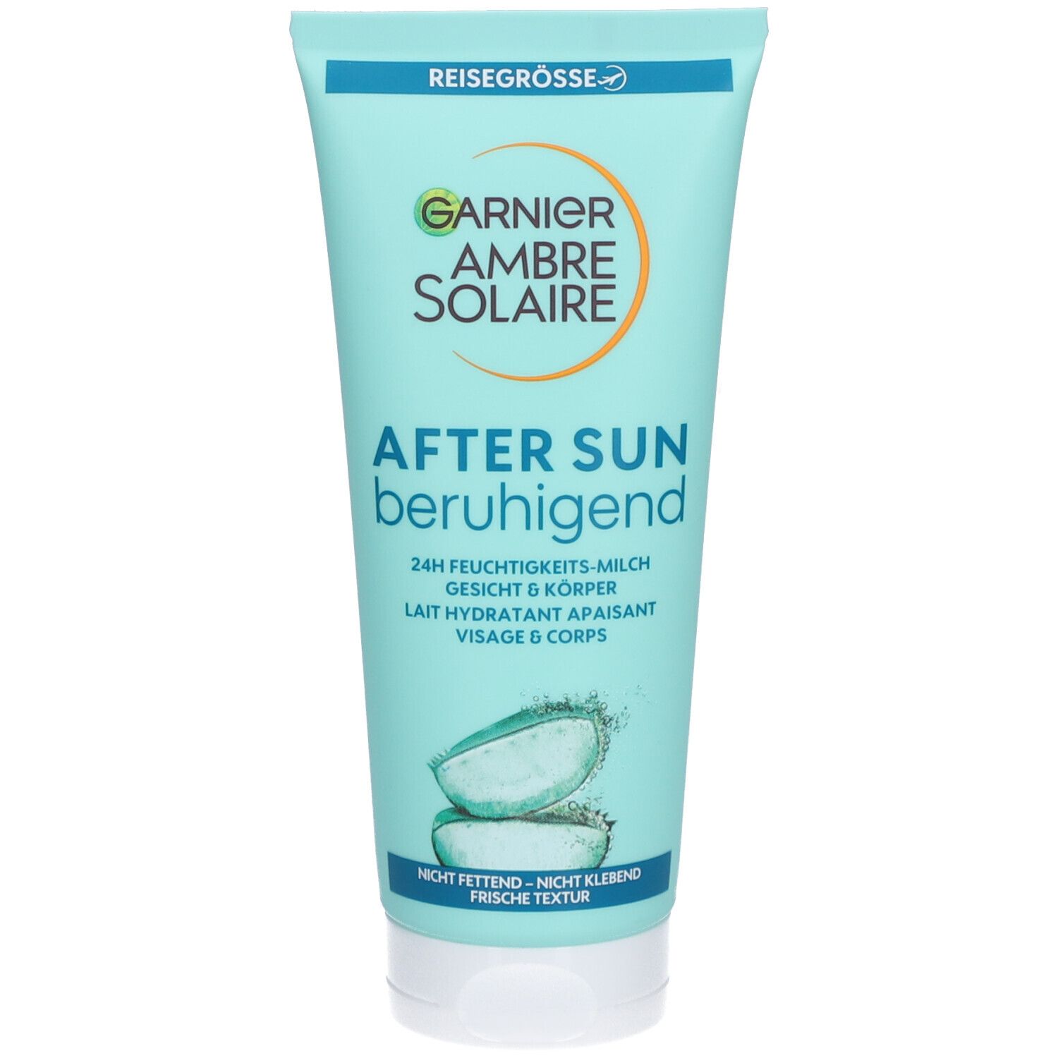 Tube turquoise avec logo Garnier Ambre Solaire et texte "AFTER SUN beruhigend". Illustration d'aloe vera.