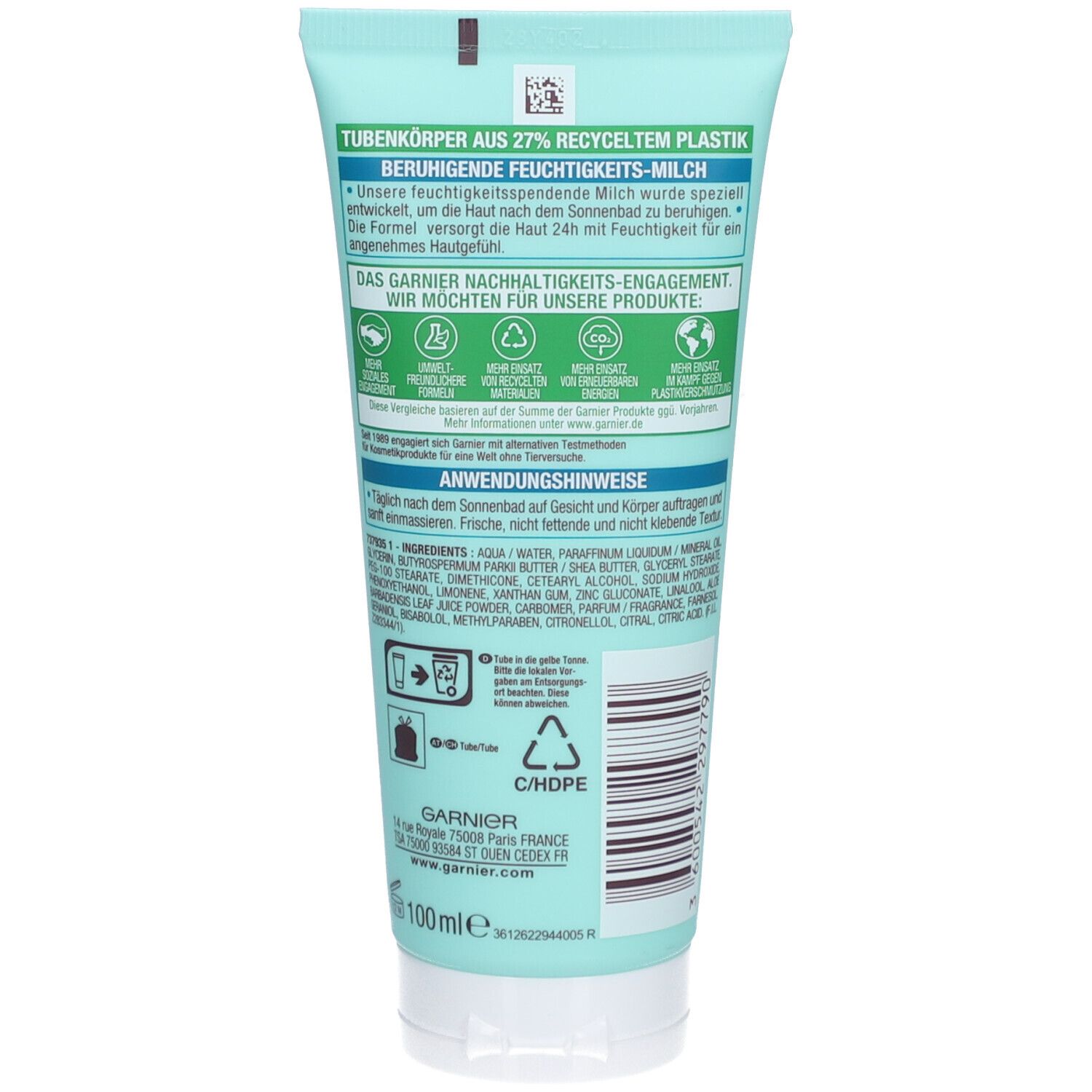 Dos du tube. Texte sur plastique recyclé, ingrédients et instructions. Logo Garnier et symboles de recyclage.