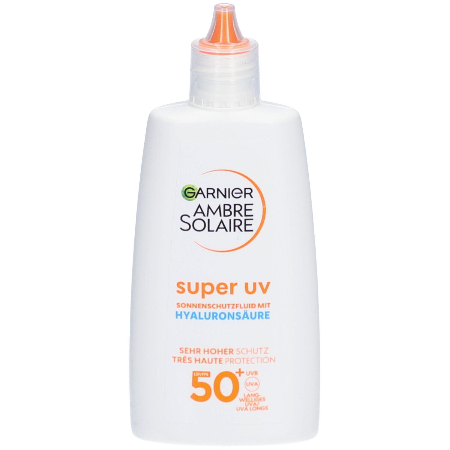 Flacon blanc Garnier Ambre Solaire. Bouchon orange. Texte: Super UV, SPF 50+. Protection solaire.