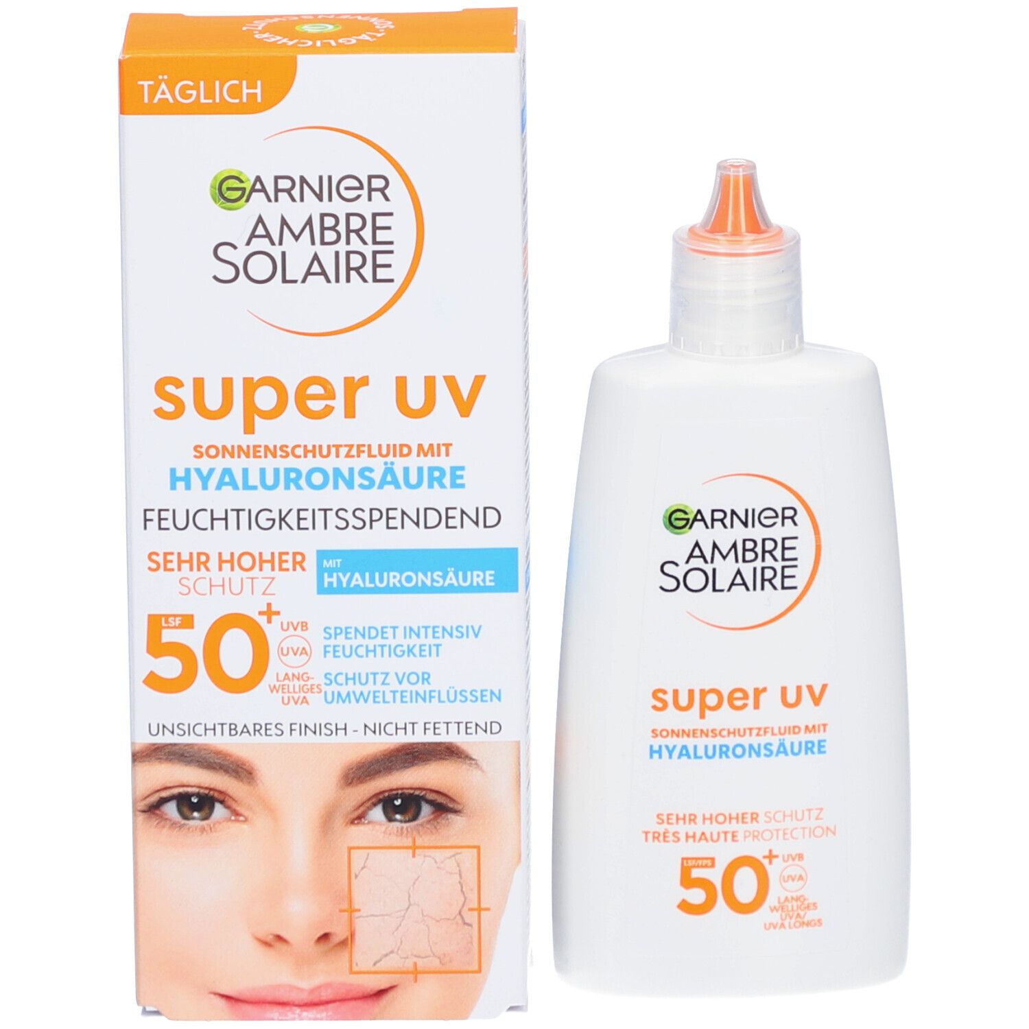 Garnier Ambre Solaire Super UV fluide solaire et emballage. Texte: SPF 50+, acide hyaluronique, hydratant.