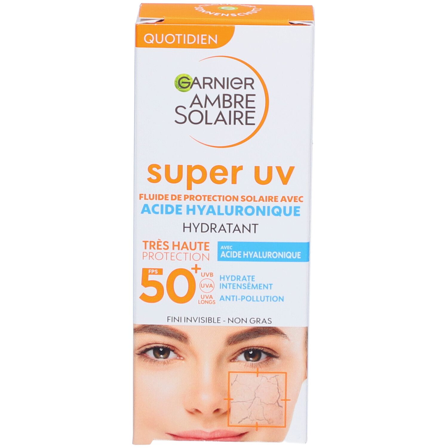 Emballage Garnier Ambre Solaire Super UV fluide solaire. Texte: SPF 50+, acide hyaluronique, hydratant.