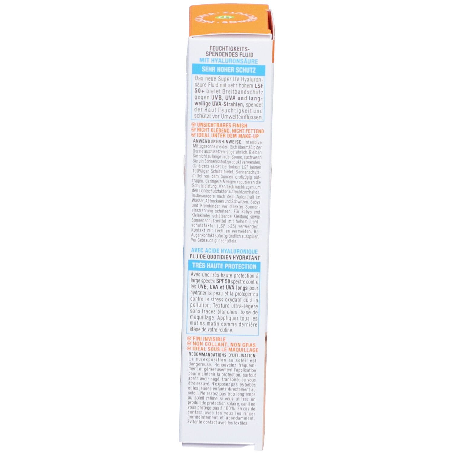 Côté de l'emballage Garnier Ambre Solaire. Texte: Ingrédients, symboles de recyclage, volume 40ml.