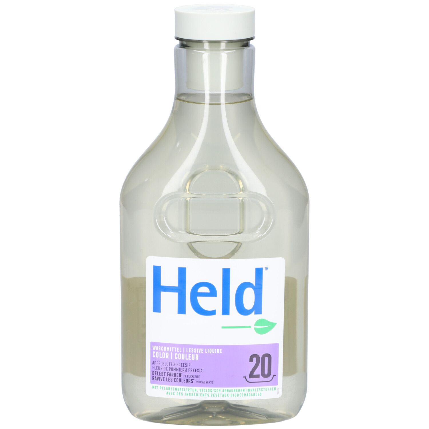 Flasche Flüssigwaschmittel. Weißer Deckel, transparentes Gehäuse mit Etikett. "Held"-Logo, grüne Blattform.