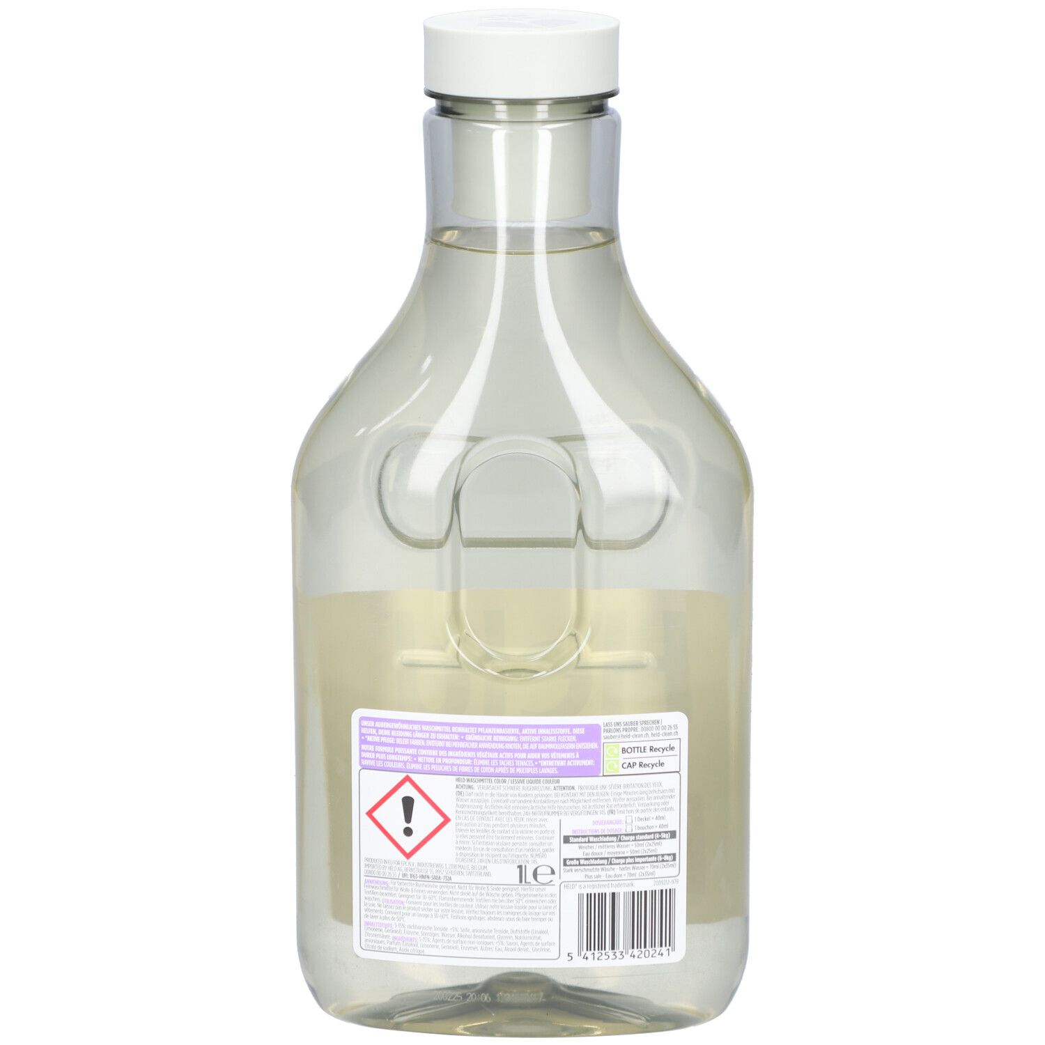 Rückseite der Flüssigwaschmittelflasche. Transparente Flasche mit Etikett. Warnhinweis, Textinformationen.