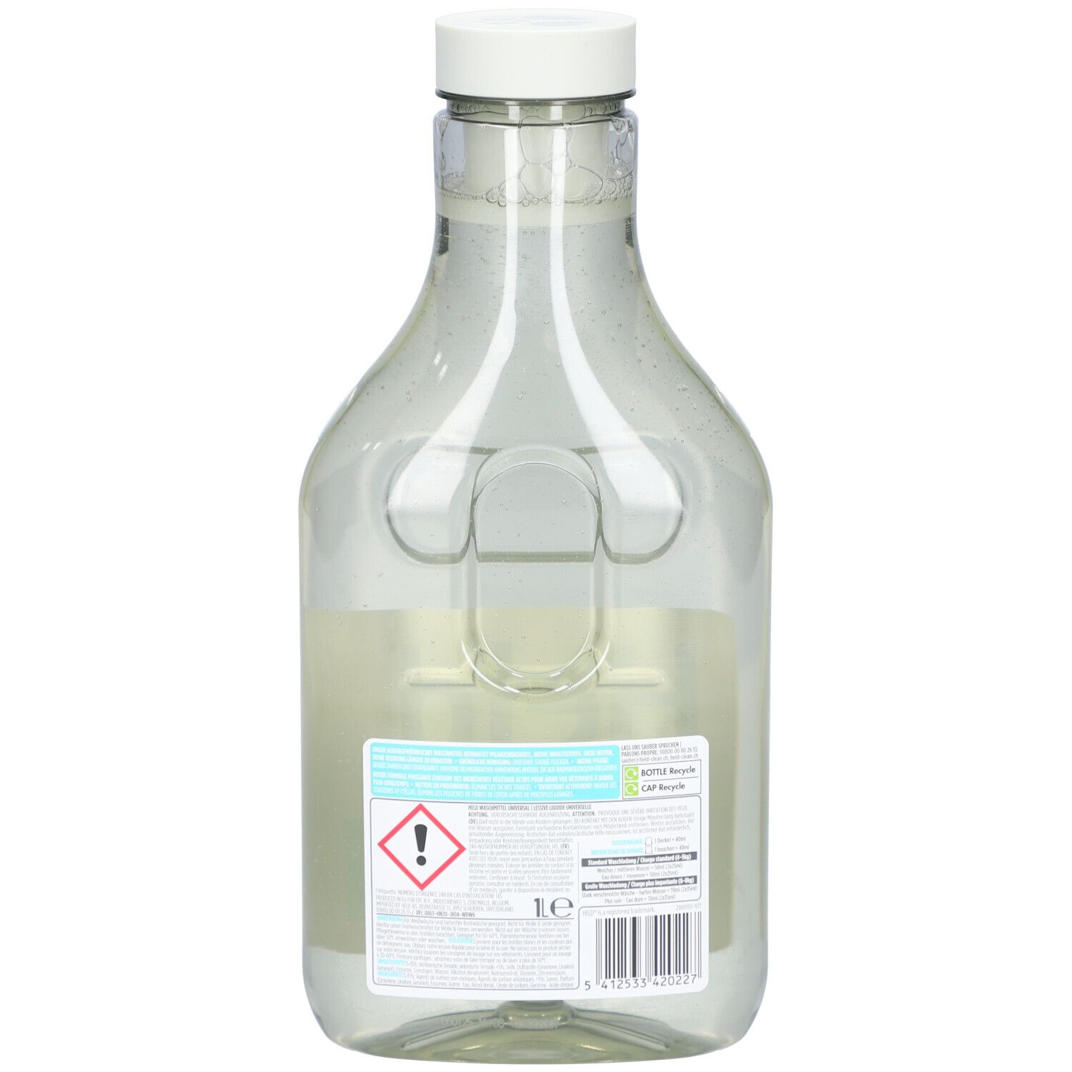 Dos de la bouteille de détergent liquide. Étiquette avec symbole d'avertissement et texte. Bouchon blanc.