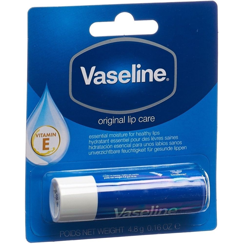 Vaseline Lippenbalsam Original Stick in Blisterverpackung. Blaue Verpackung mit Produktnamen und Tropfen-Symbol. Sichtbarer Lippenpflegestift.