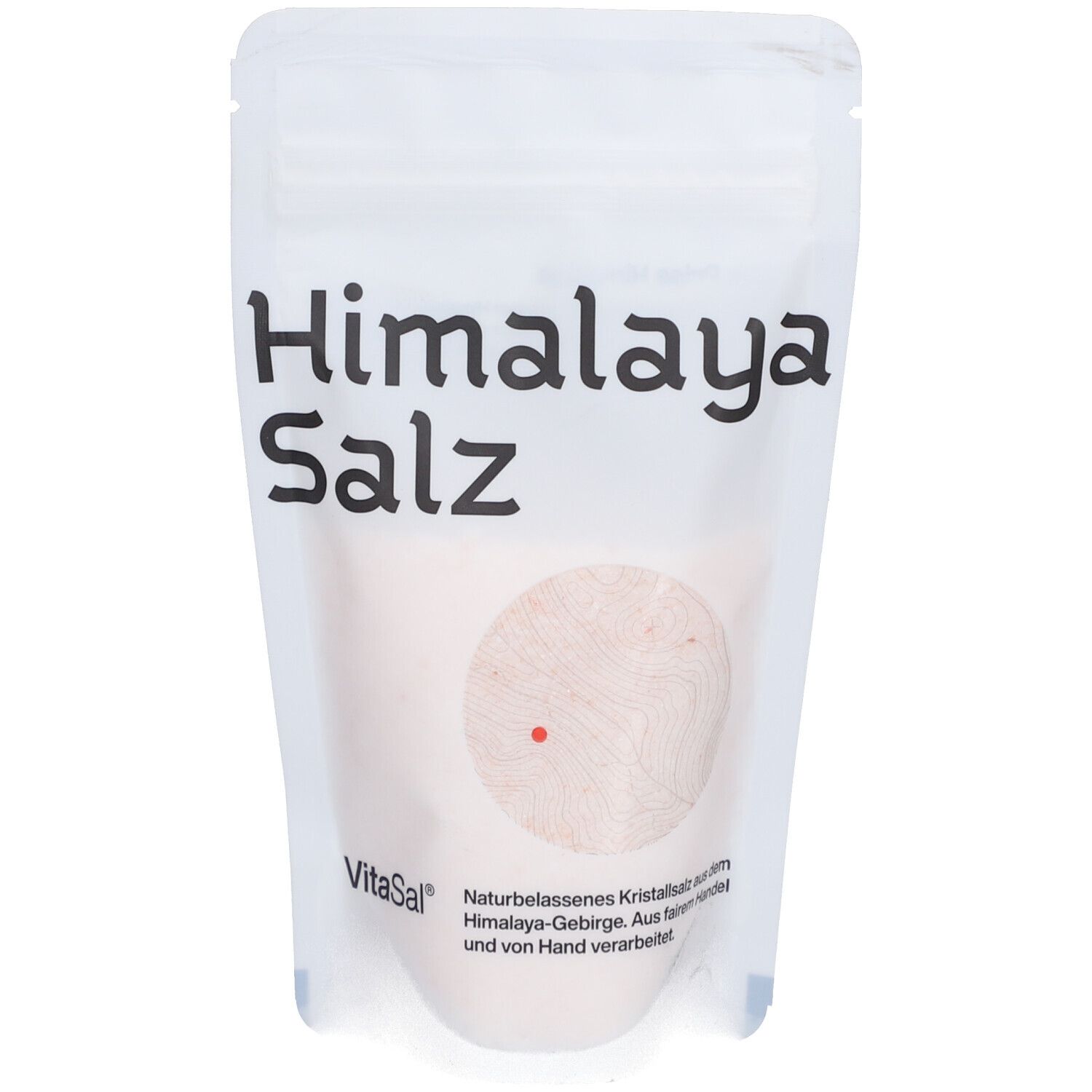 Sachet de VitaSal Himalaya Salz-Fein. Sel rose, sachet blanc avec texte Himalaya Salz et logo VitaSal.