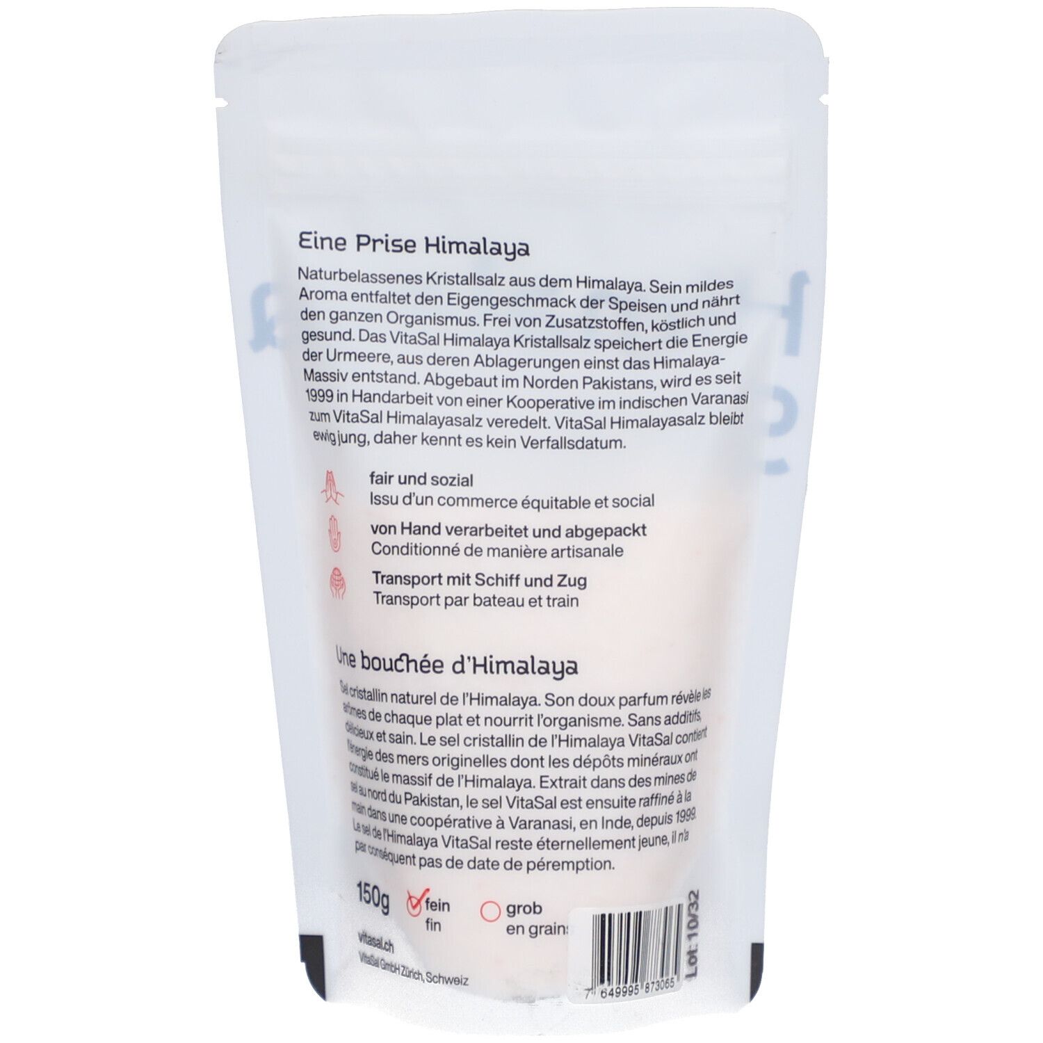 Dos du sachet VitaSal Himalaya Salz-Fein. Texte, sel rose translucide, avec impressions et logo.