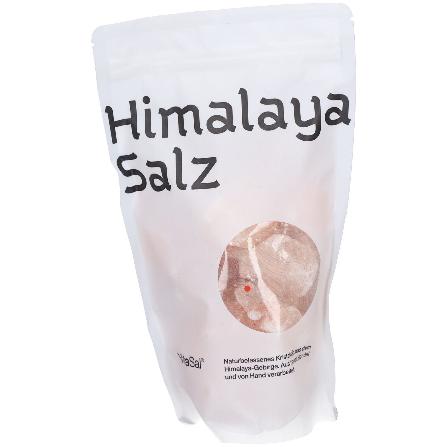 Beutel mit Himalaya Salz. Weißer Beutel mit Produktnamen und Logo. Sichtfenster mit Salz.