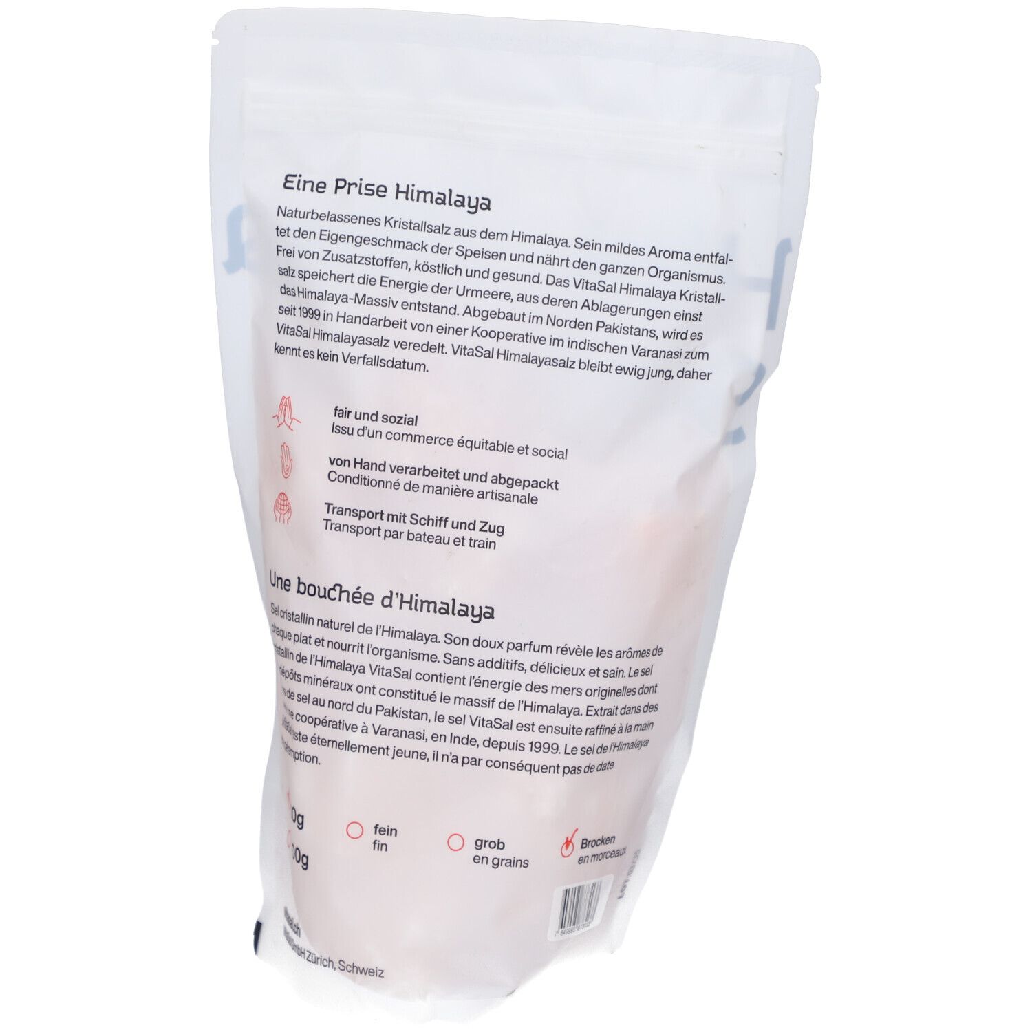 Rückseite des Himalaya Salz Beutels. Text in deutscher und französischer Sprache. Logo und Zertifizierungen.