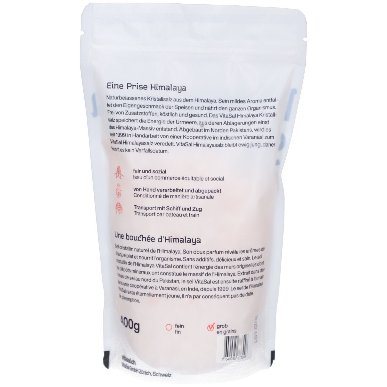 Dos de l'emballage VitaSal sel de l'Himalaya. Texte en allemand et français. 400g, gros, fin.