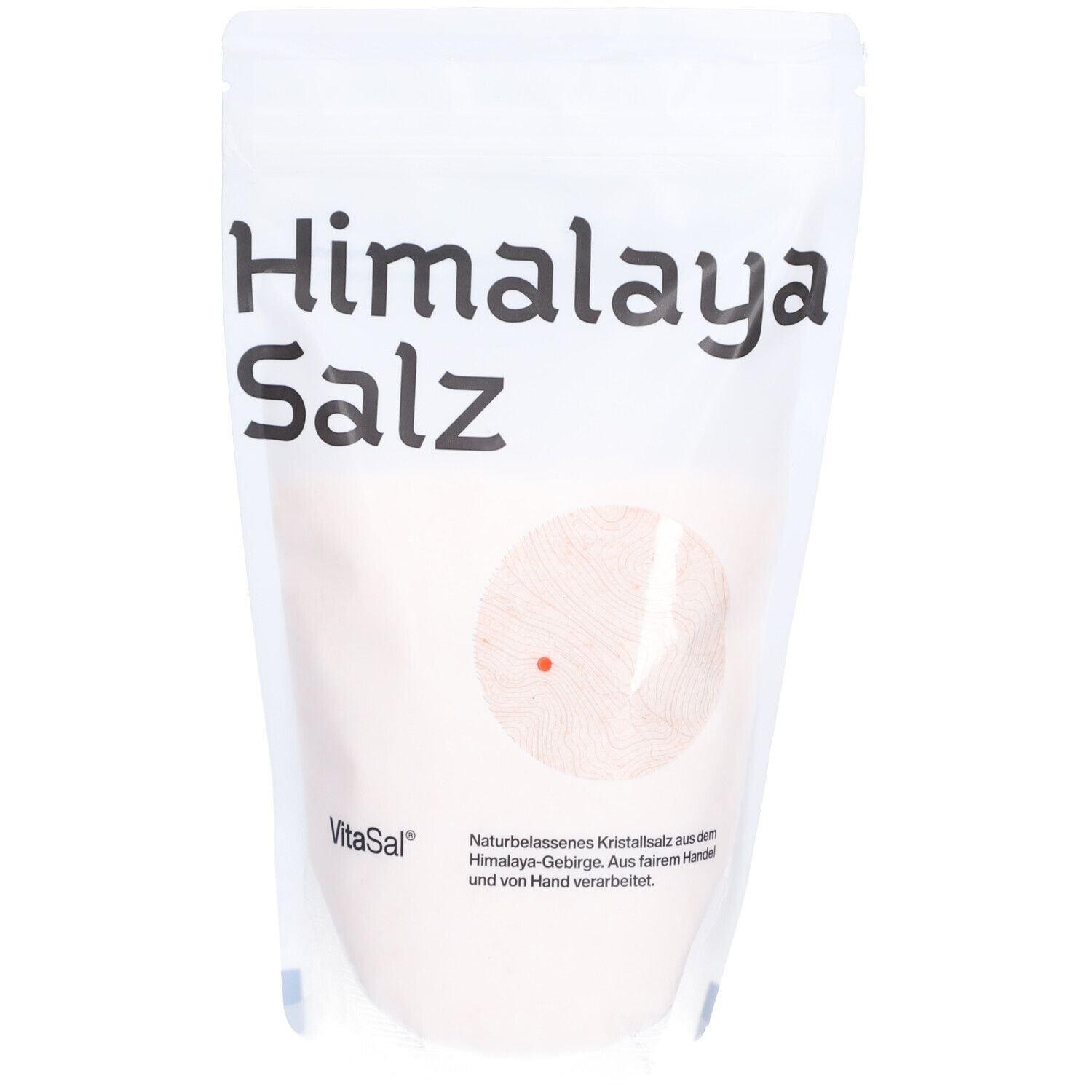 VitaSal Himalaya Salz en sachet. Sachet blanc avec nom et logo du produit. Sel rose visible.
