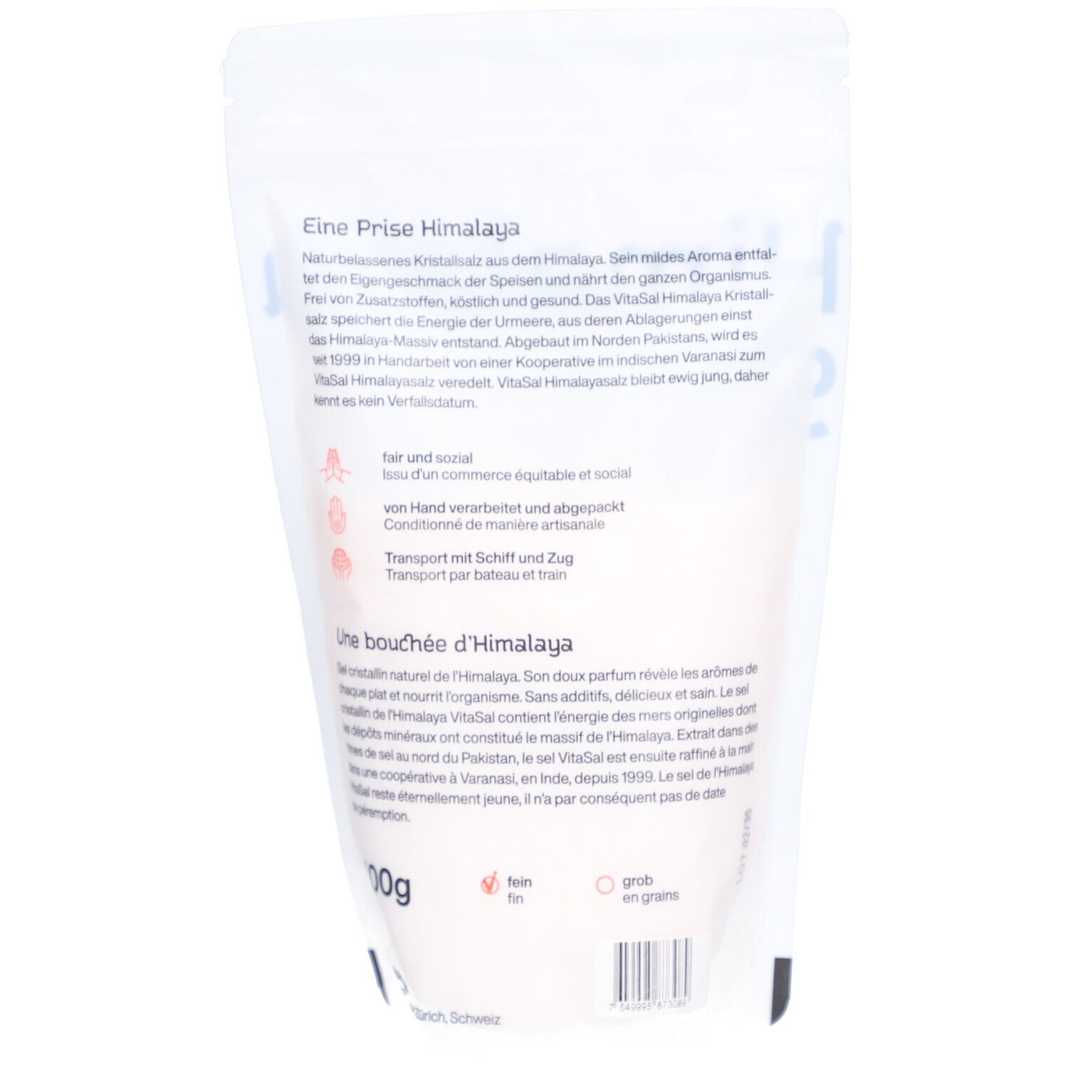 Dos du sachet VitaSal Himalaya Salz. Texte en allemand, français, italien. Grain fin.