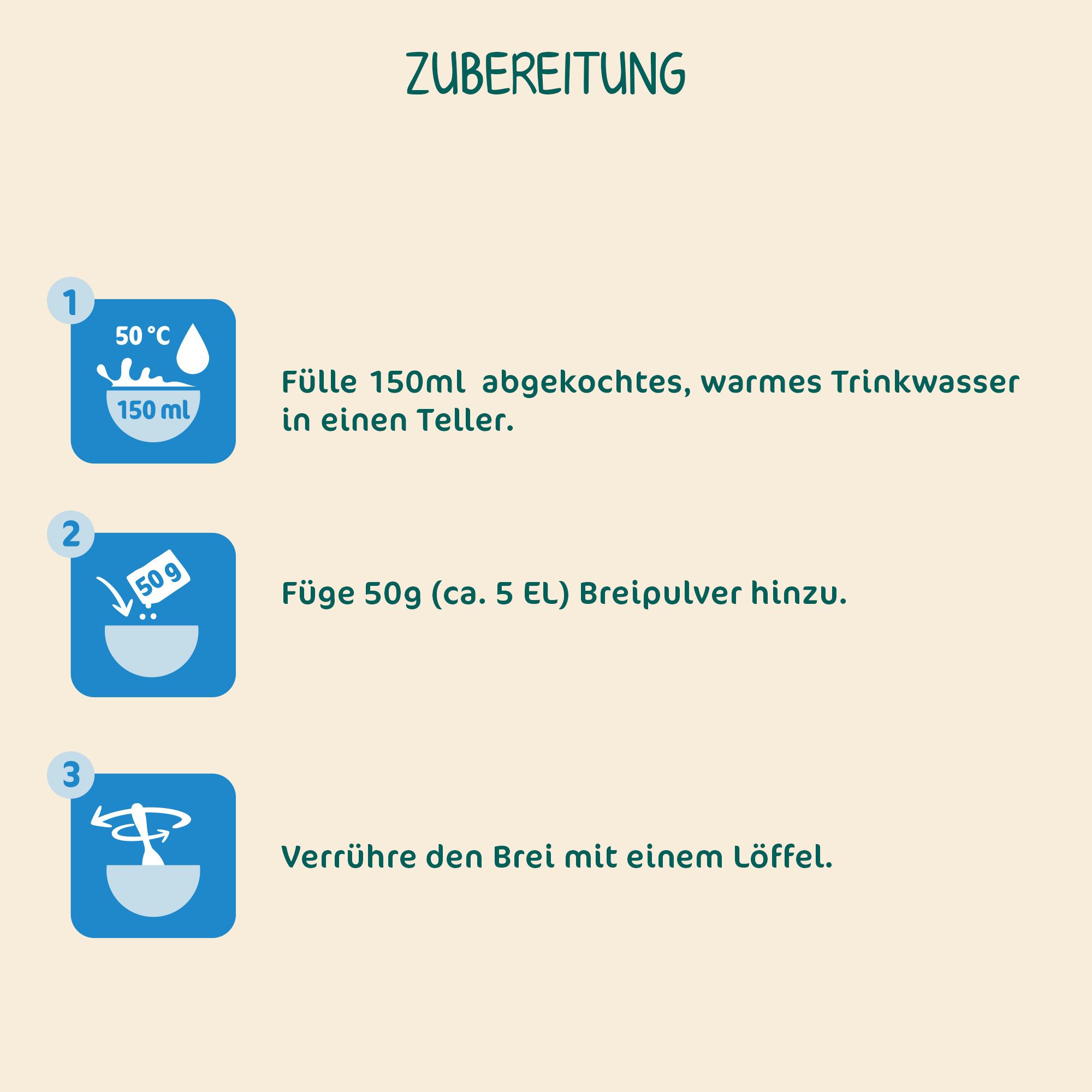 Étapes de préparation de la bouillie. 1 : 150 ml d'eau. 2 : 50g de poudre de bouillie. 3 : Mélanger. Illustrations avec instructions.
