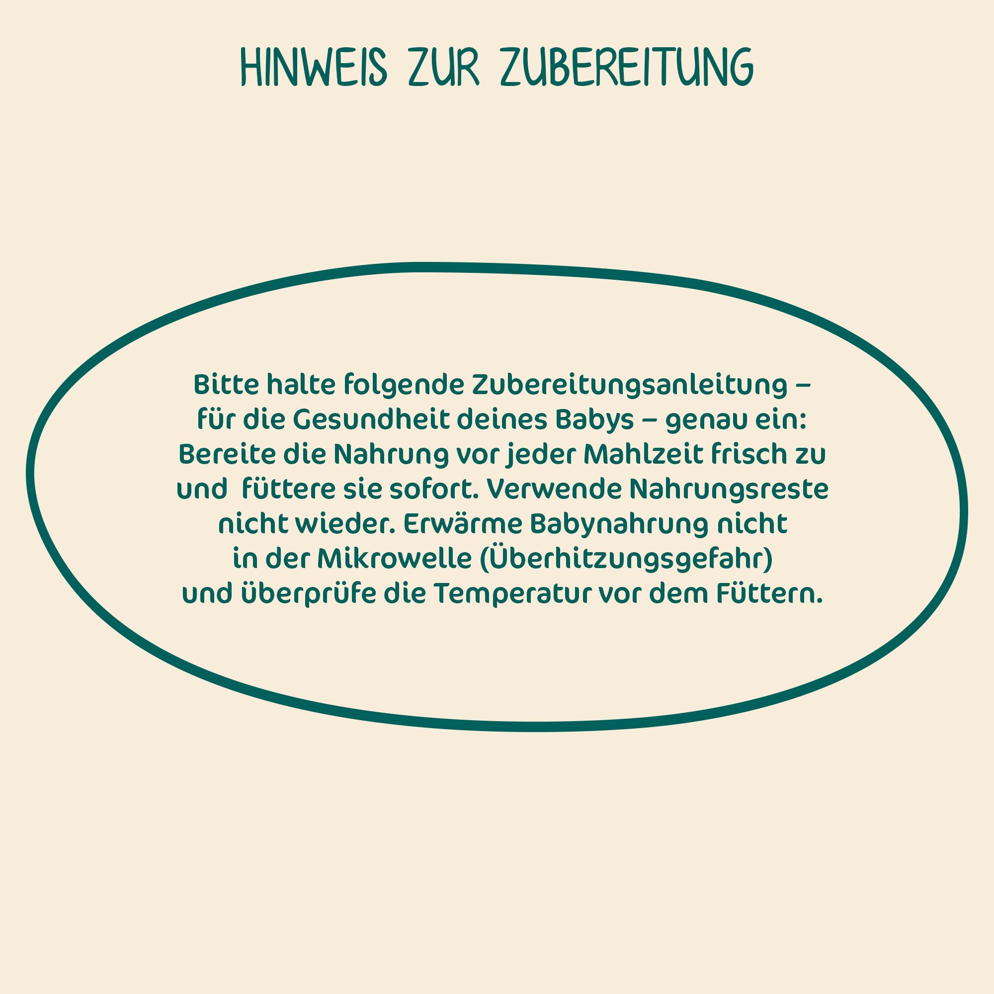 Avis de préparation des aliments pour bébés. Instructions d'hygiène et de température. Ne pas chauffer au micro-ondes.
