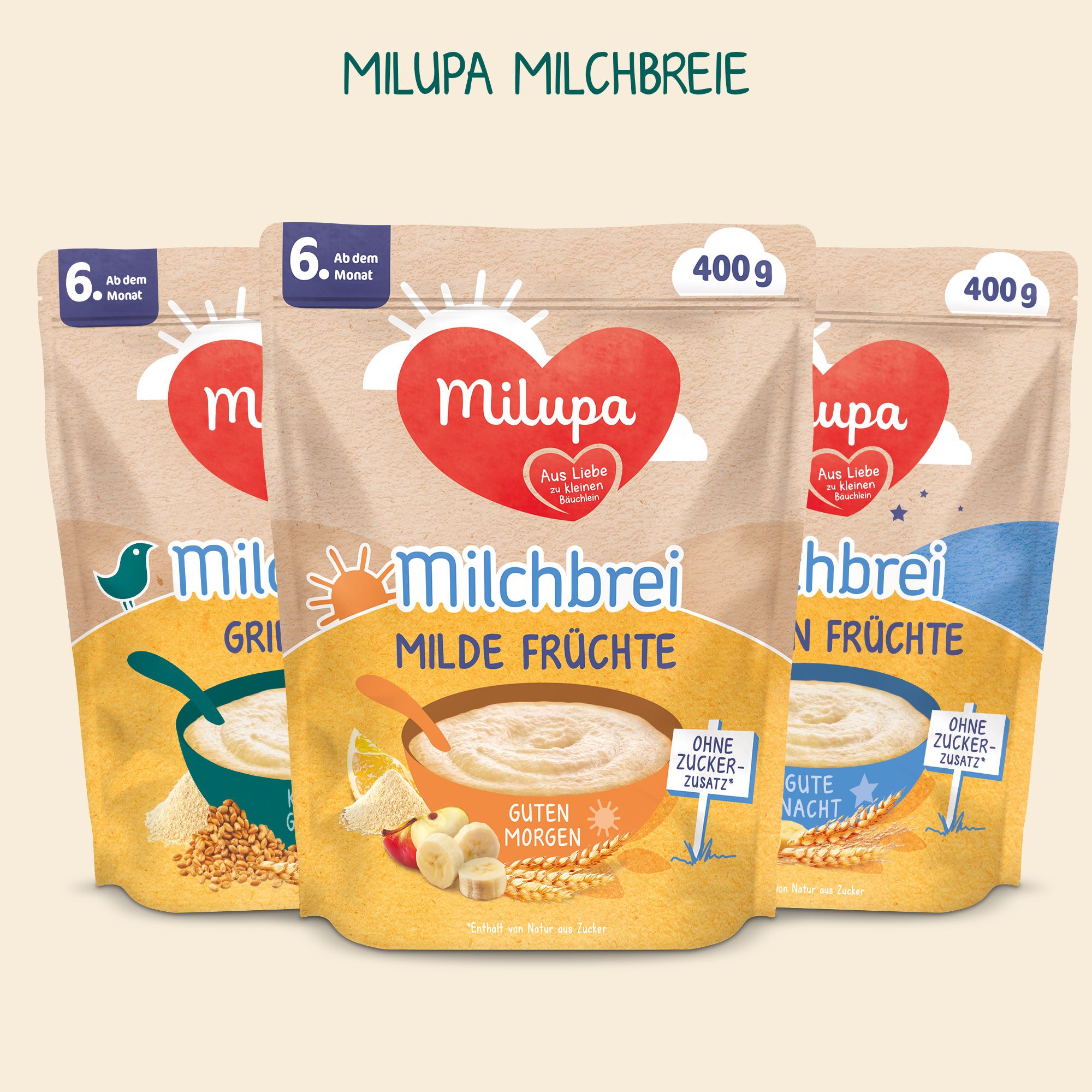 Trois paquets de Milupa Milchbrei. Différentes variétés : Grill, Milde Früchte, Vollkorn Früchte. Paquets de 400g.