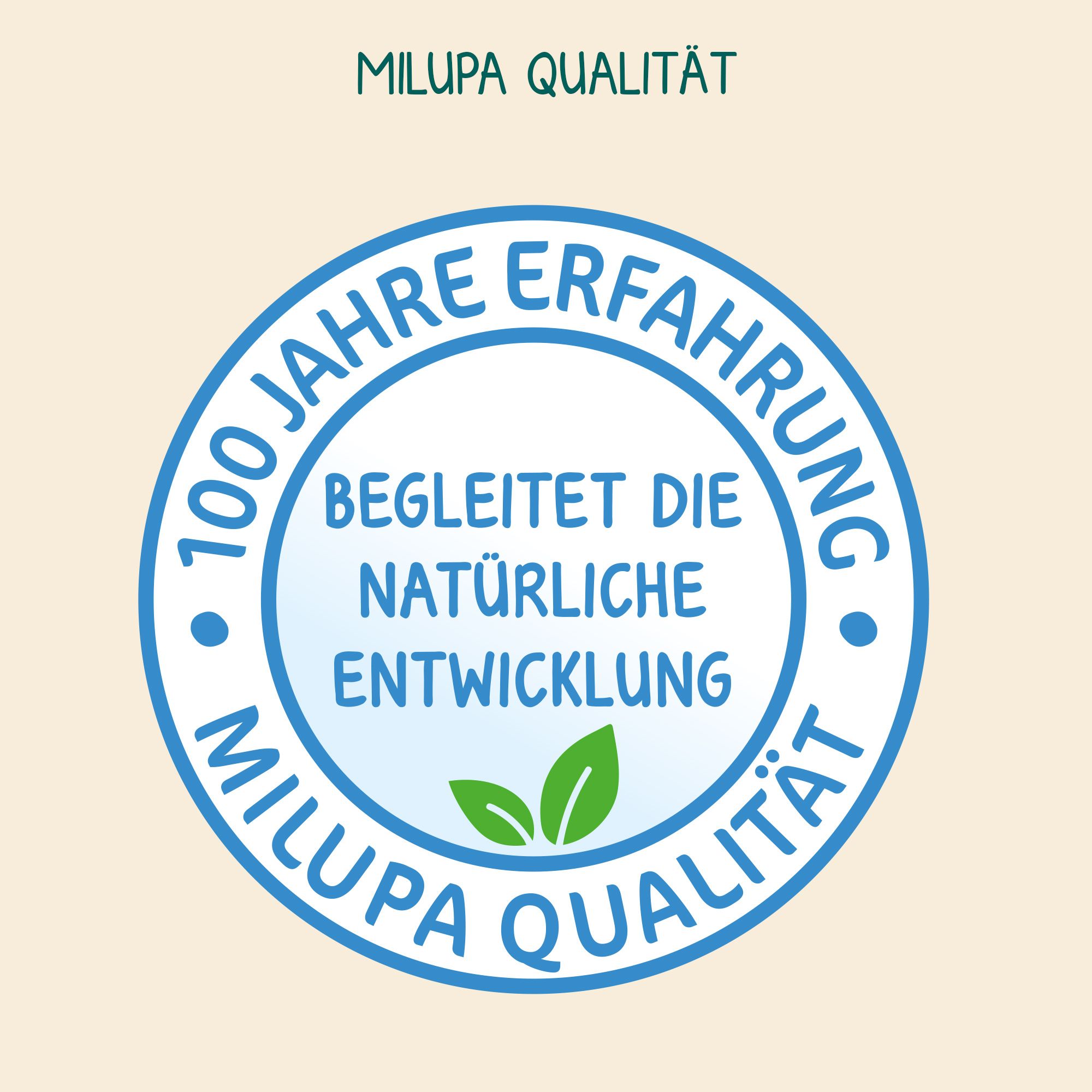 Logo de qualité Milupa. Logo rond bleu avec texte : 100 ans d'expérience, accompagne le développement naturel, qualité Milupa.